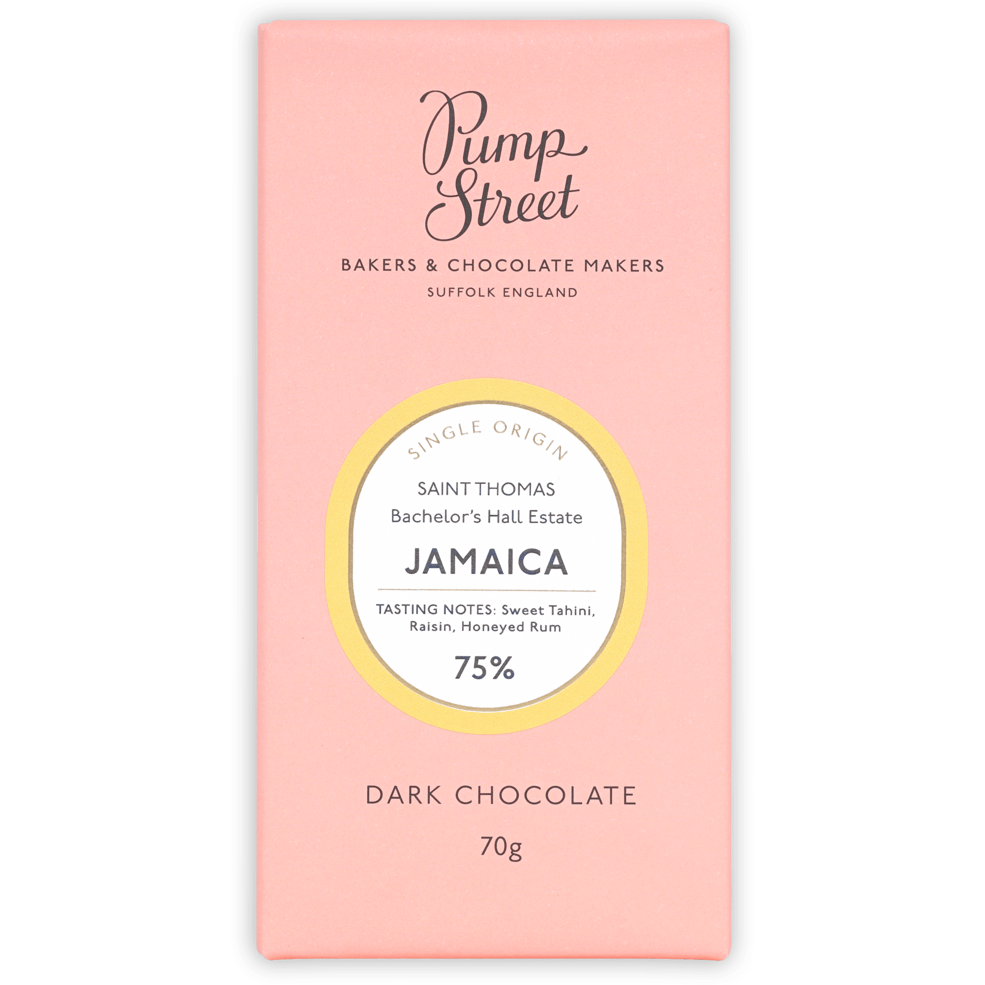 Pump Street Bakers pink box, Single Origin Saint Thomas Bachelor's Hall Estate Jamaica 75% dark chocolate, 70g