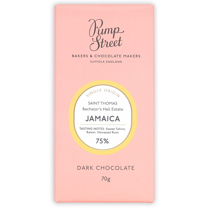 Pump Street Bakers pink box, Single Origin Saint Thomas Bachelor's Hall Estate Jamaica 75% dark chocolate, 70g