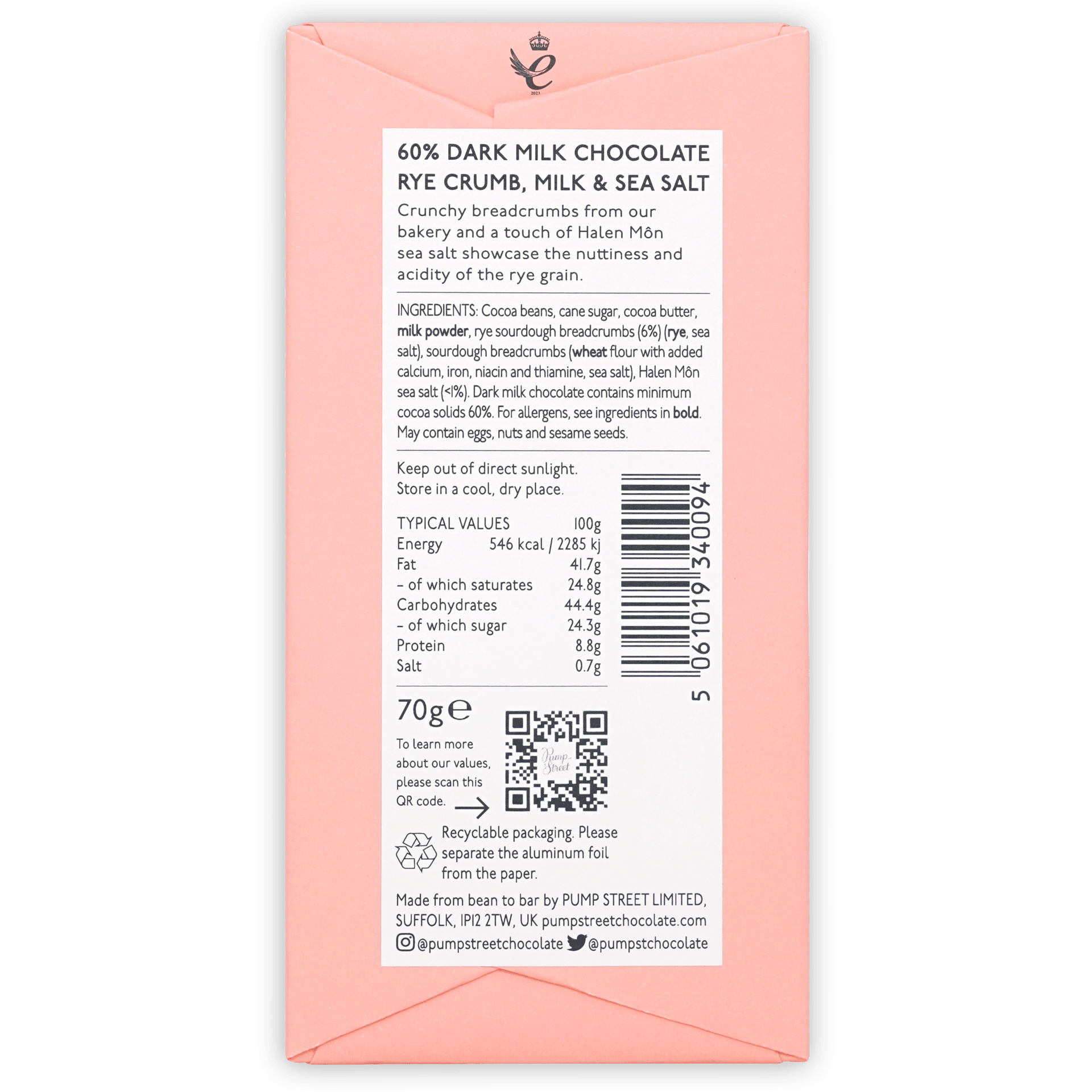 Back of Pump Street Rye Crumb Milk & Sea Salt 60% pink wrapper with ingredients