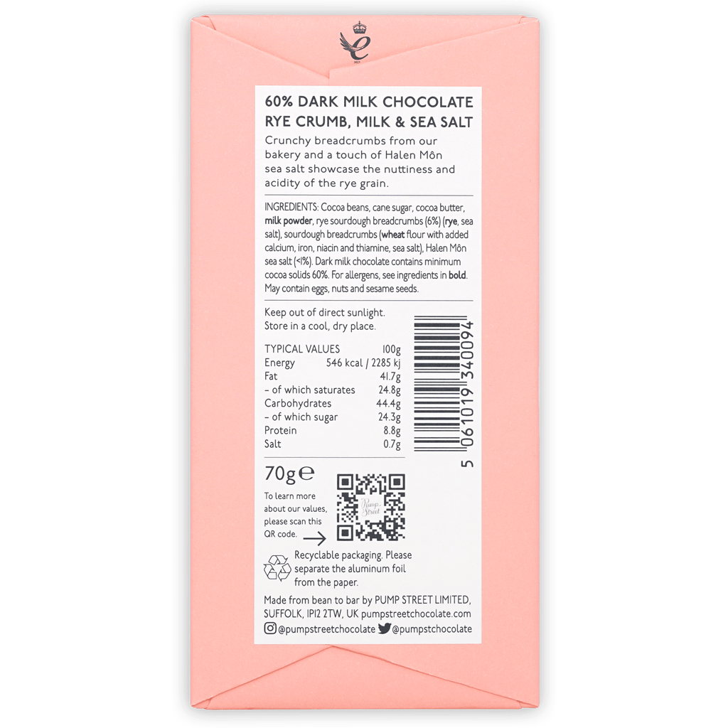 Back of Pump Street Rye Crumb Milk & Sea Salt 60% pink wrapper with ingredients