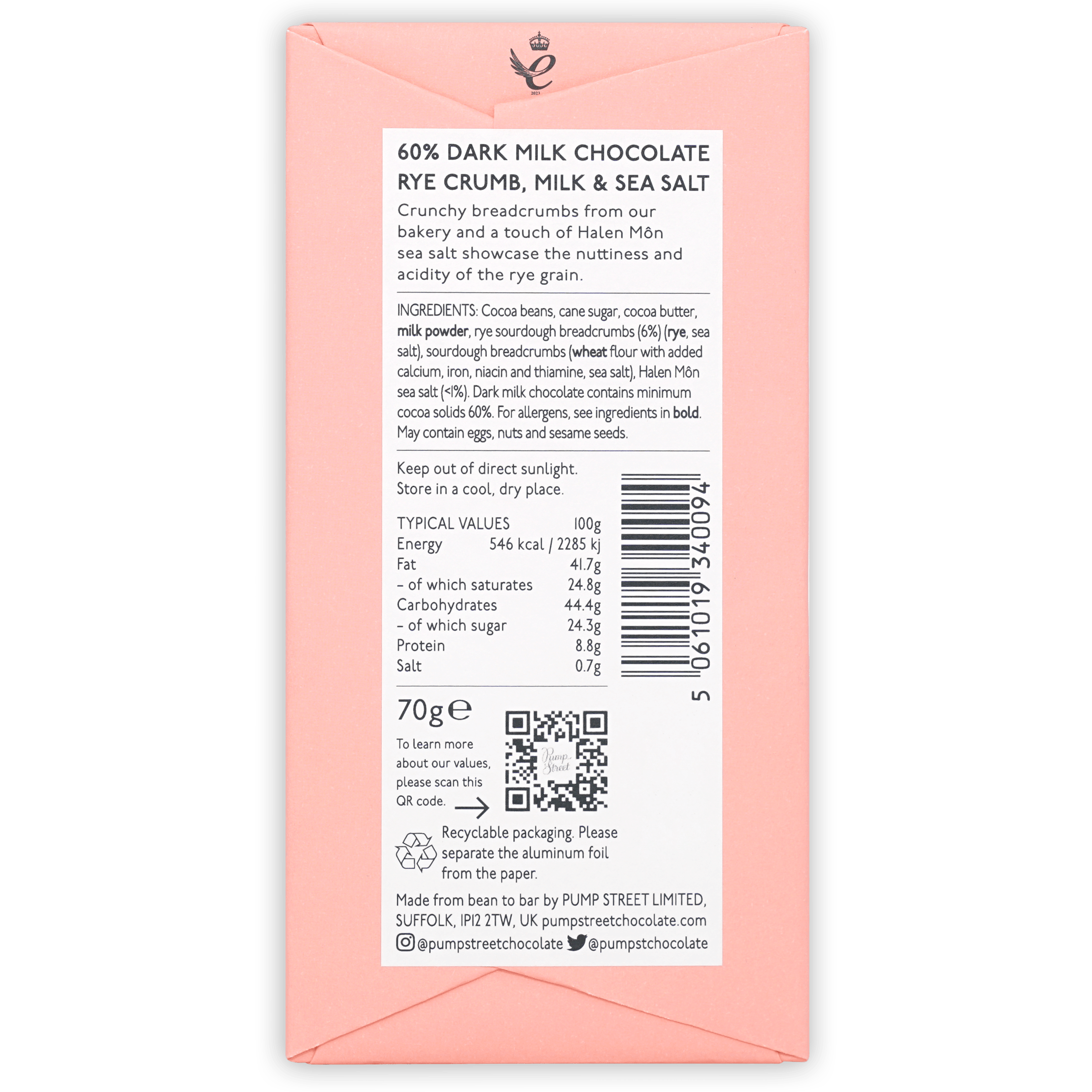 Back of Pump Street Rye Crumb Milk & Sea Salt 60% pink wrapper with ingredients