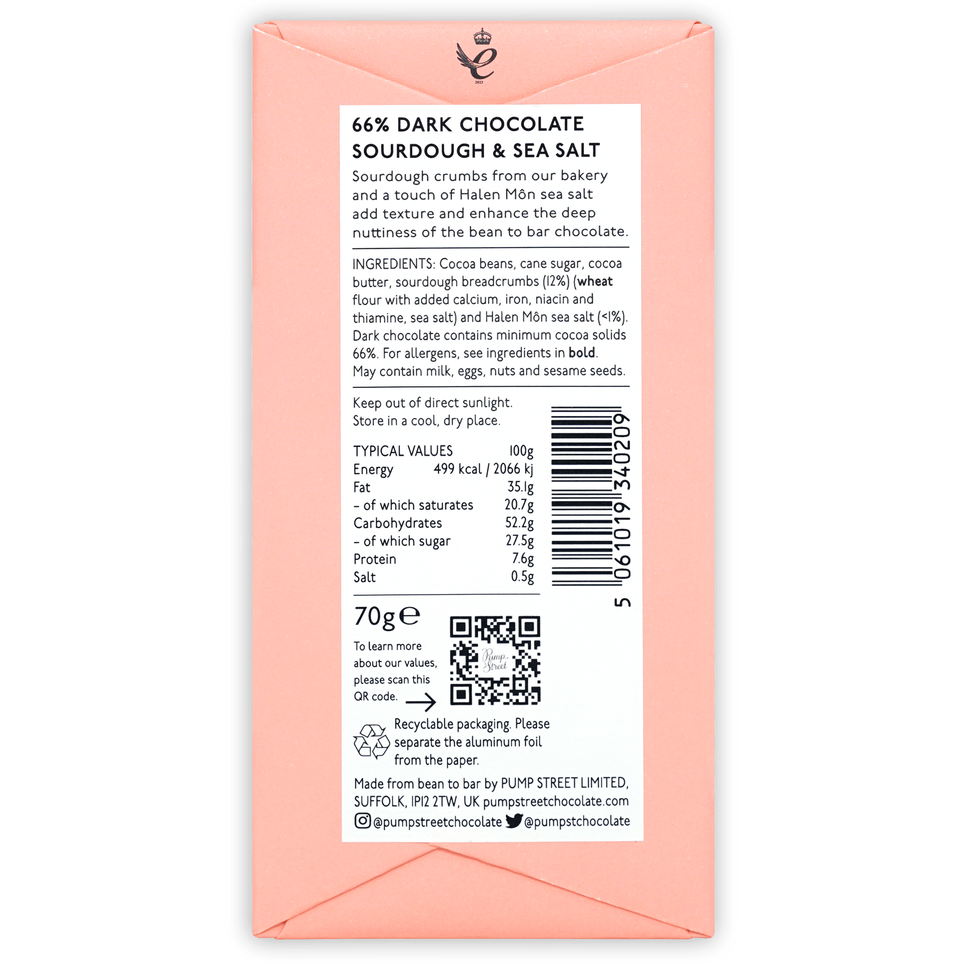 Pump Street Sourdough & Sea Salt 66% pink chocolate bar wrapper