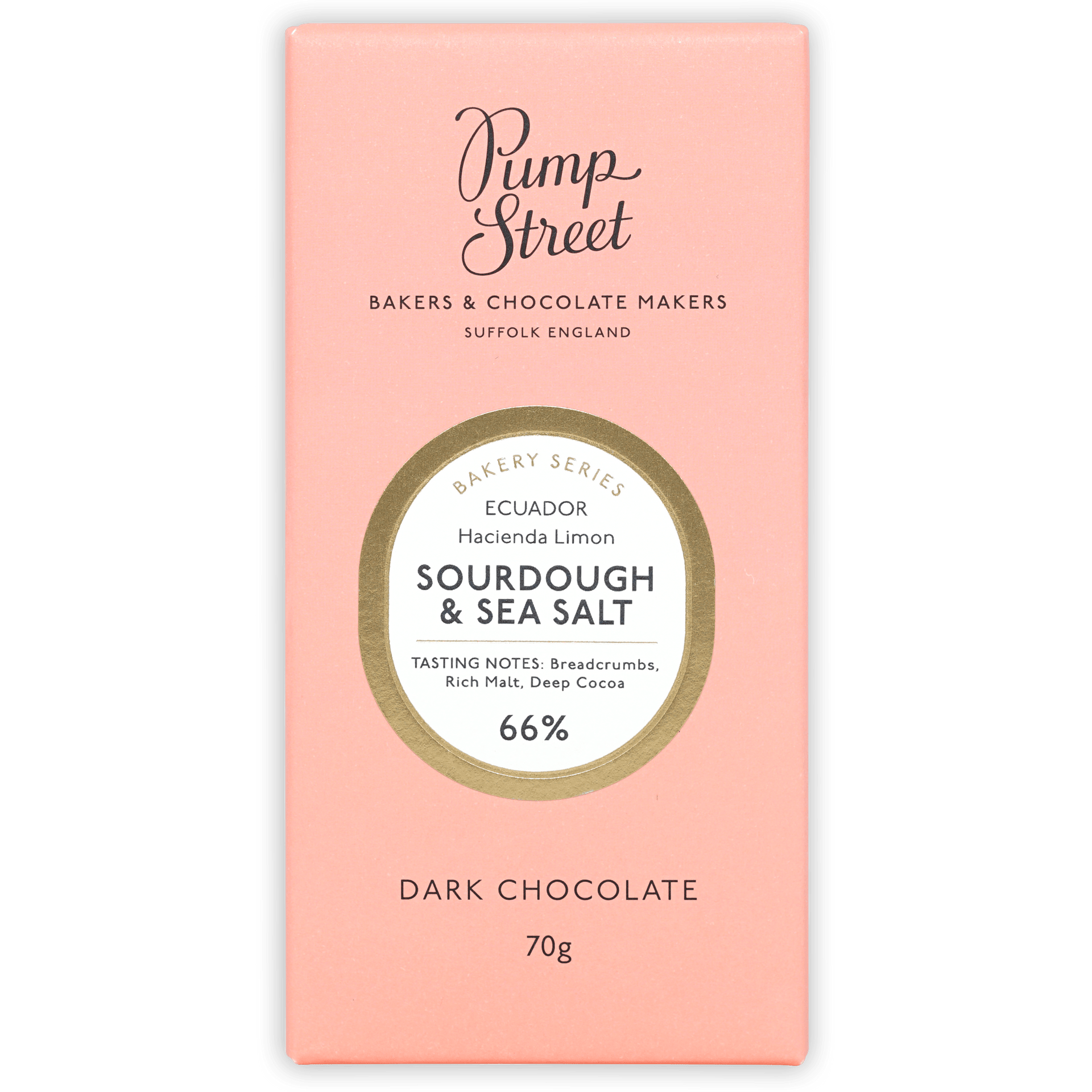 Pump Street Sourdough & Sea Salt 66% dark chocolate bar in pink wrapper