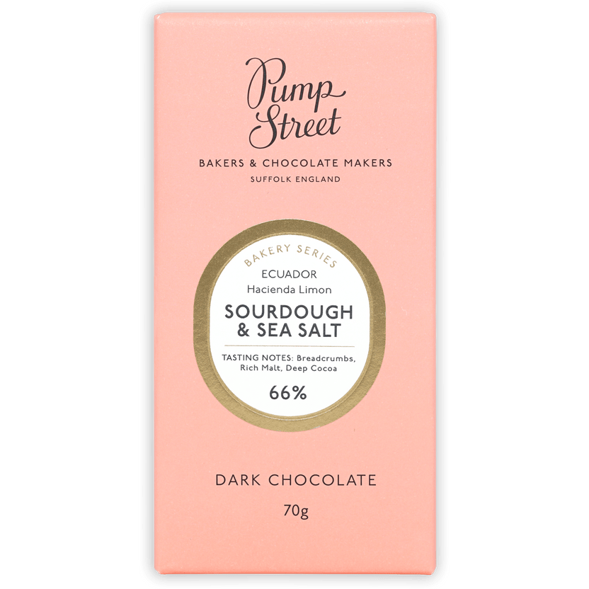 Pump Street Sourdough & Sea Salt 66% dark chocolate bar in pink wrapper