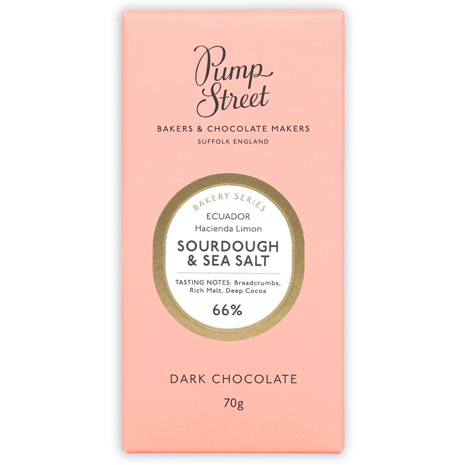 Pump Street Sourdough & Sea Salt 66% dark chocolate bar in pink wrapper