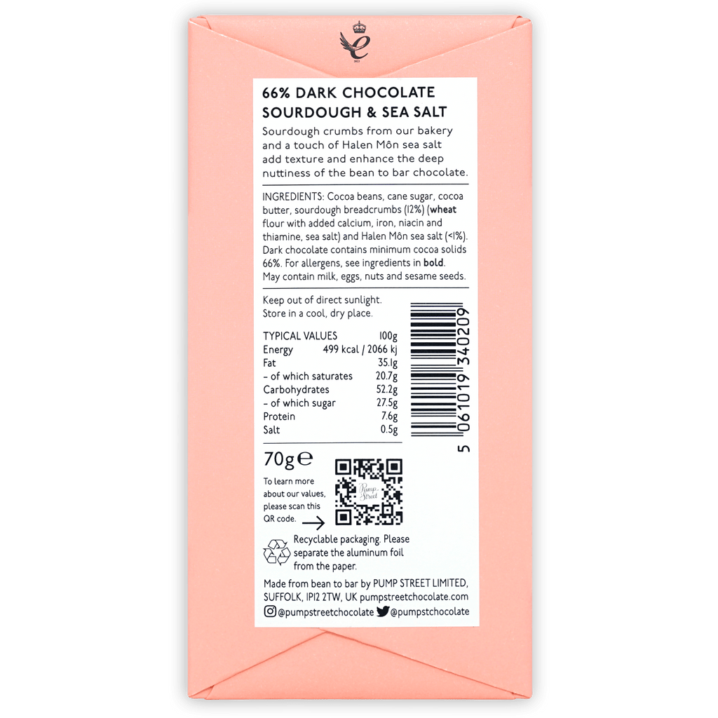 Pump Street Sourdough & Sea Salt 66% pink chocolate bar wrapper