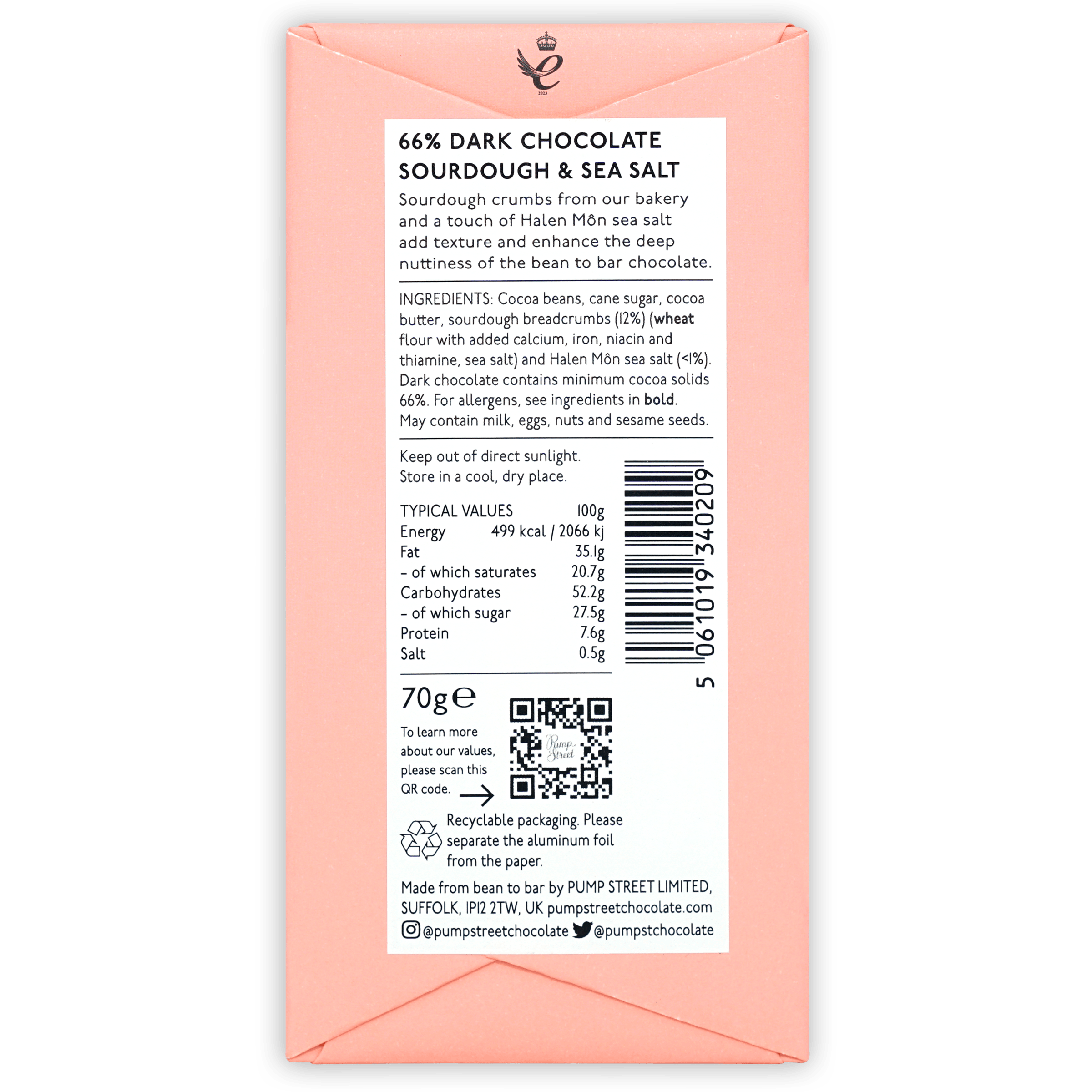 Pump Street Sourdough & Sea Salt 66% pink chocolate bar wrapper