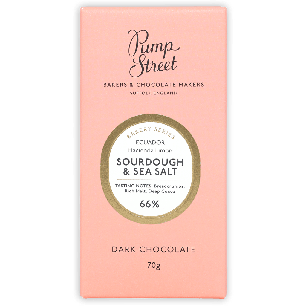 Pump Street Sourdough & Sea Salt 66% dark chocolate bar in pink wrapper