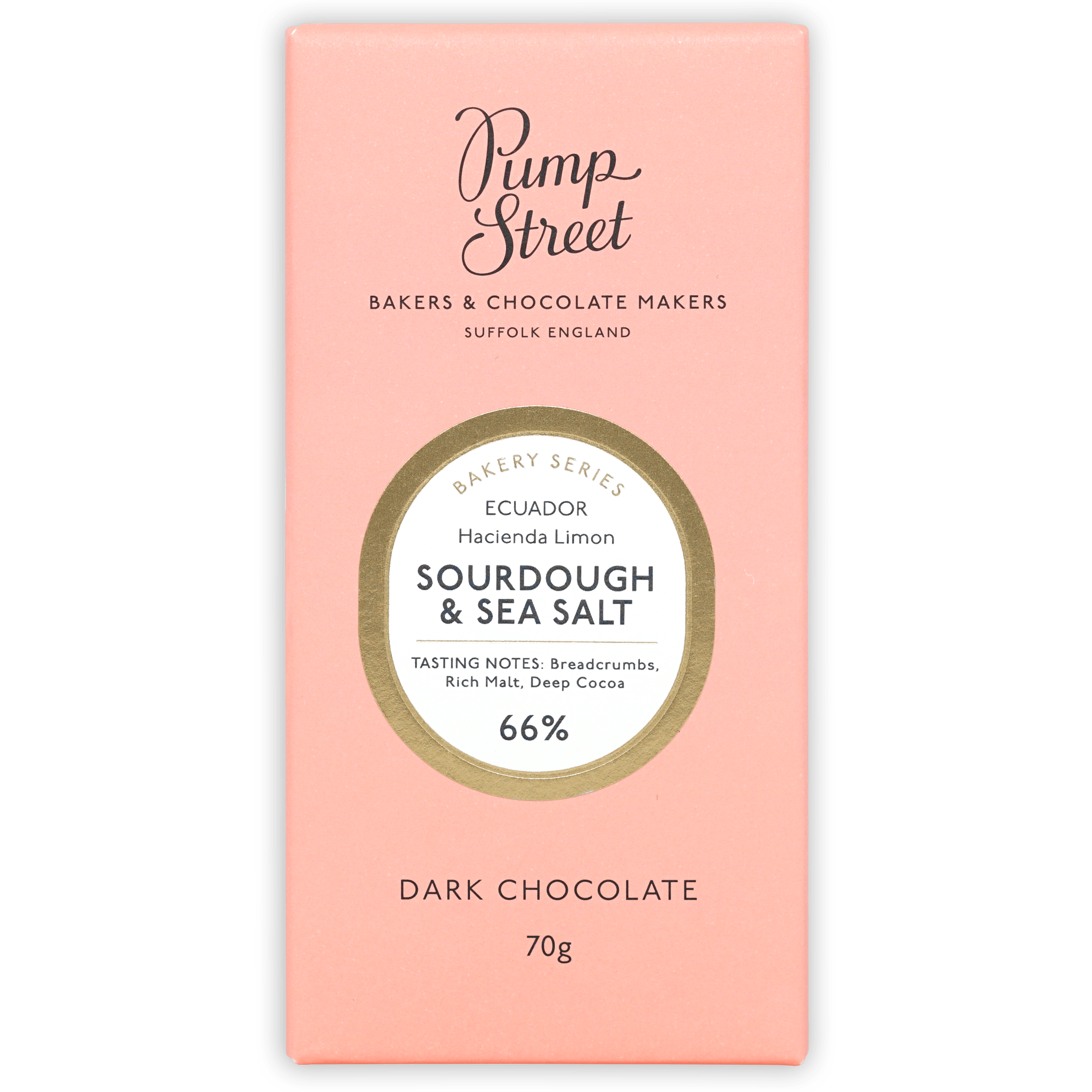 Pump Street Sourdough & Sea Salt 66% dark chocolate bar in pink wrapper