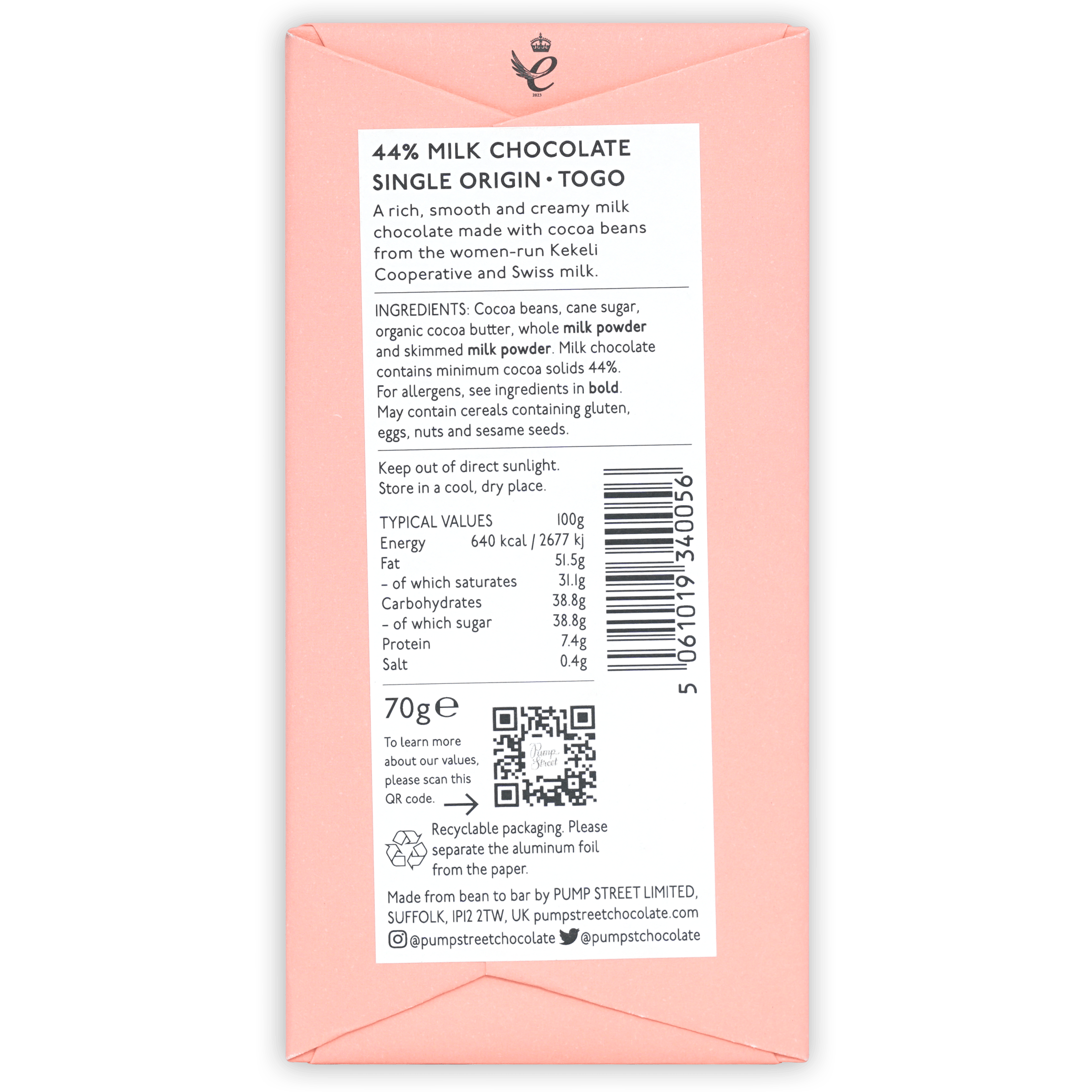 Back of Pump Street Togo Swiss Milk 44% chocolate bar wrapper