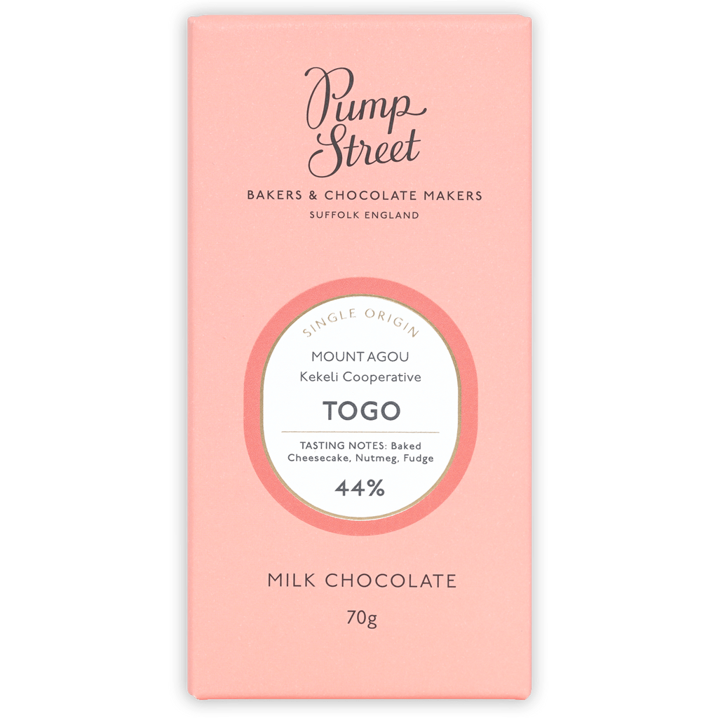 Pump Street Togo Swiss Milk 44% pink bar with origin label