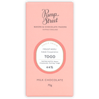 Pump Street Togo Swiss Milk 44% pink bar with origin label