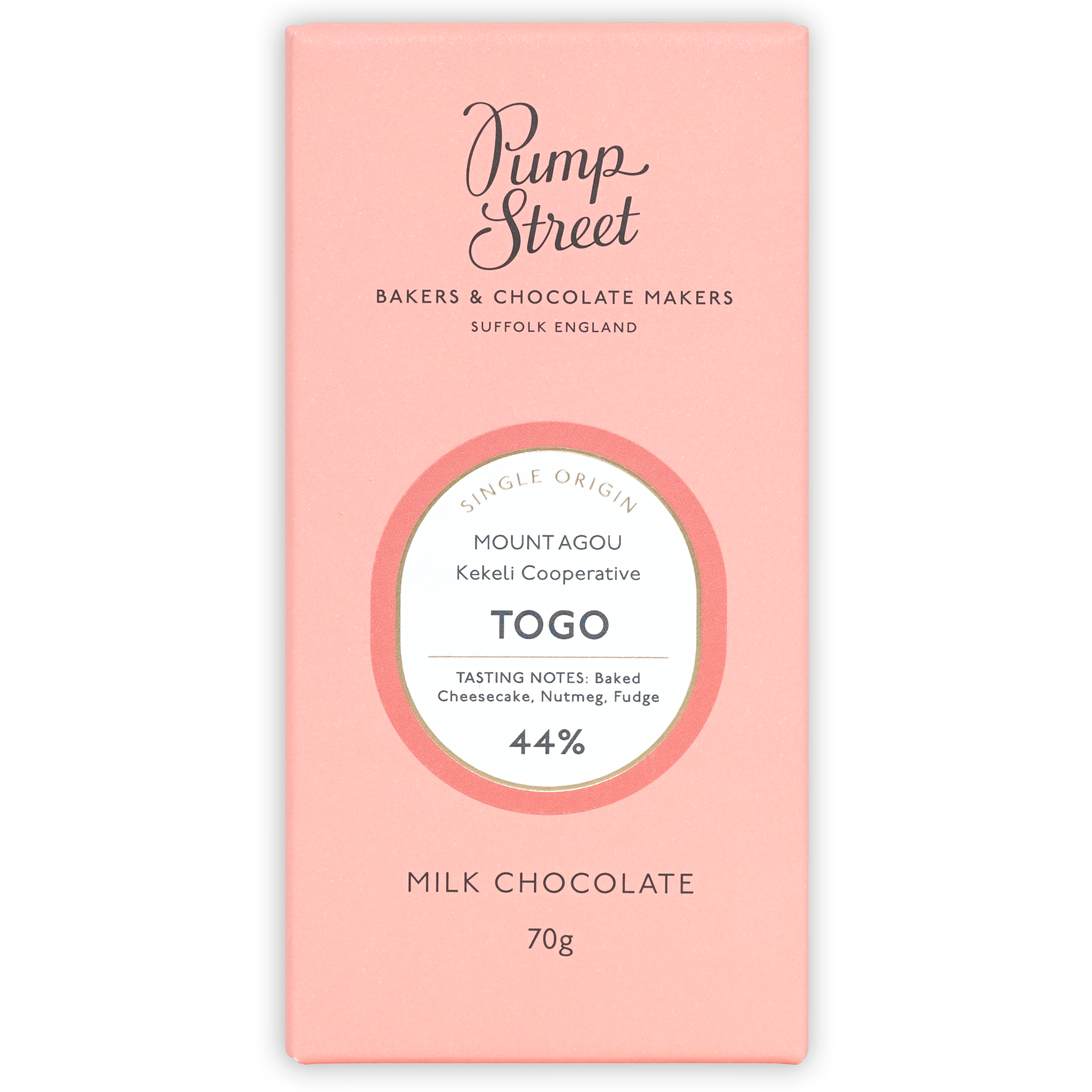 Pump Street Togo Swiss Milk 44% pink bar with origin label