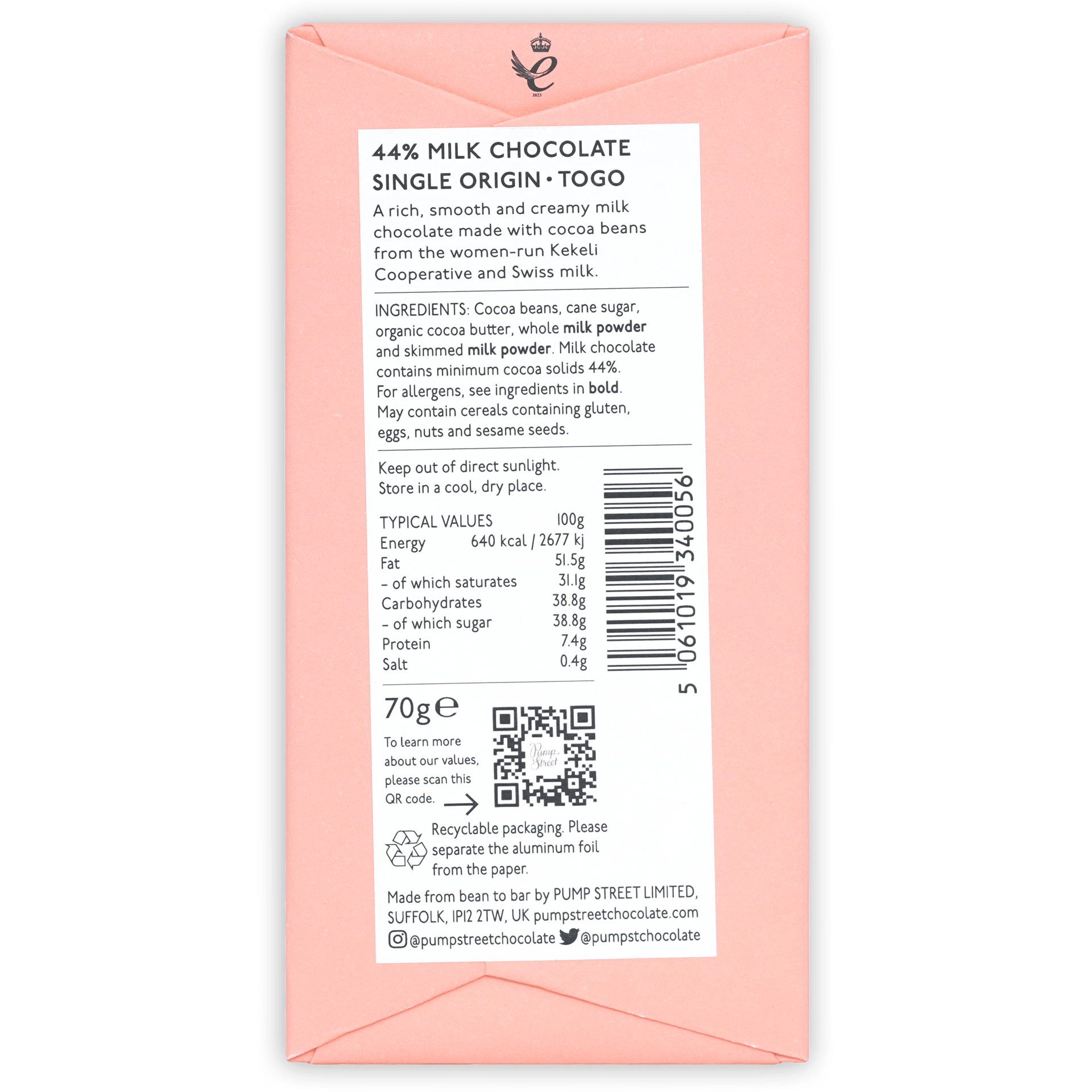 Back of Pump Street Togo Swiss Milk 44% chocolate bar wrapper