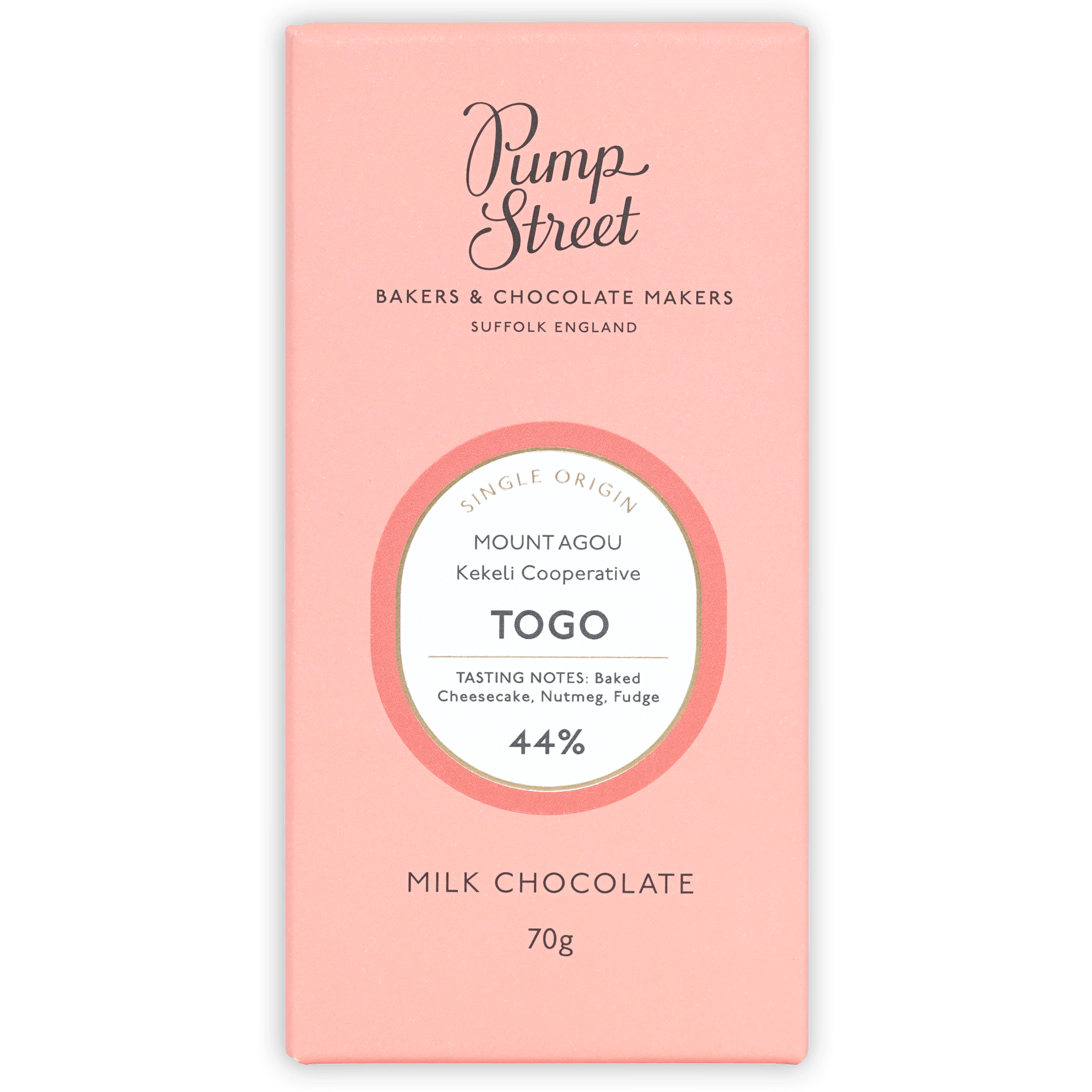 Pump Street Togo Swiss Milk 44% pink bar with origin label