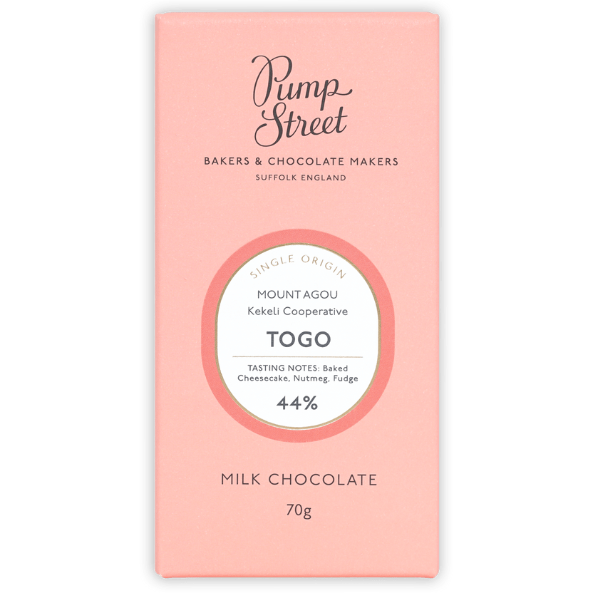 Pump Street Togo Swiss Milk 44% pink bar with origin label