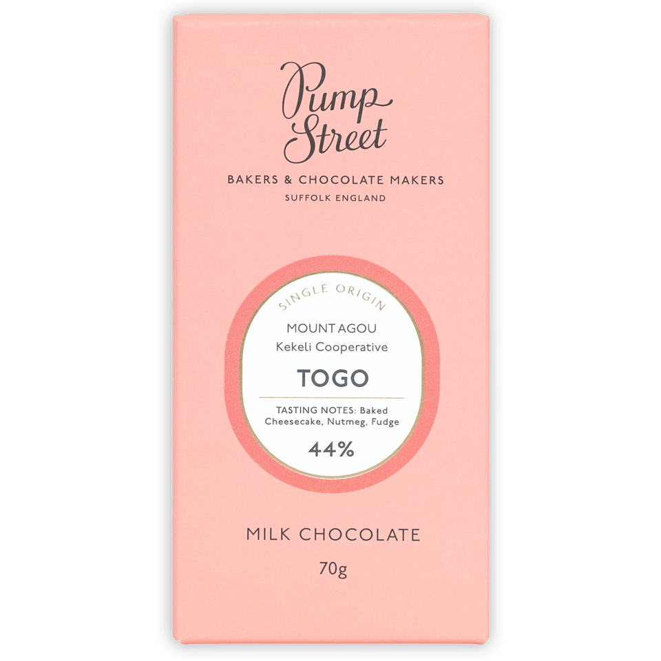 Pump Street Togo Swiss Milk 44% pink bar with origin label
