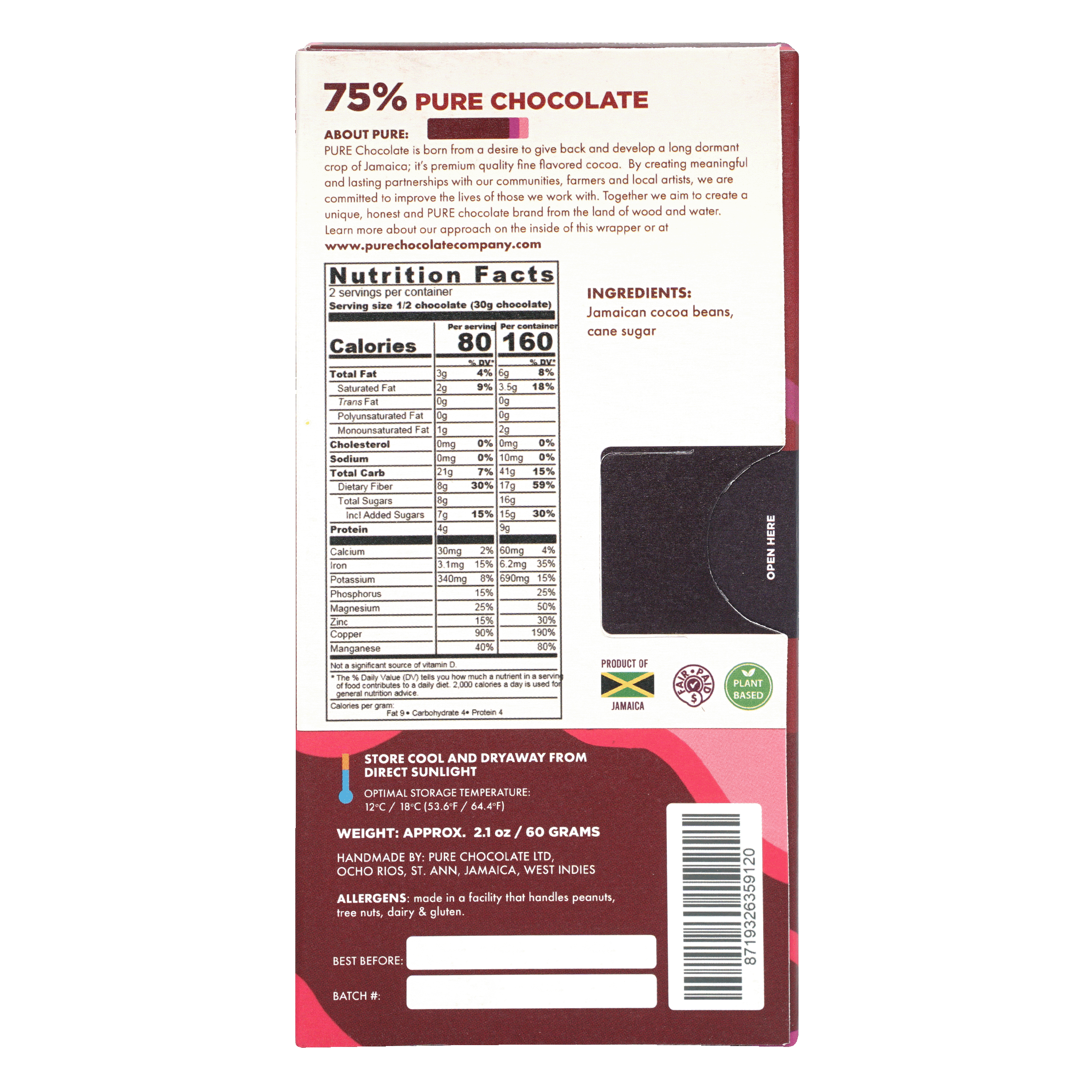 Pure Chocolate Dark 75% bar back with nutrition facts