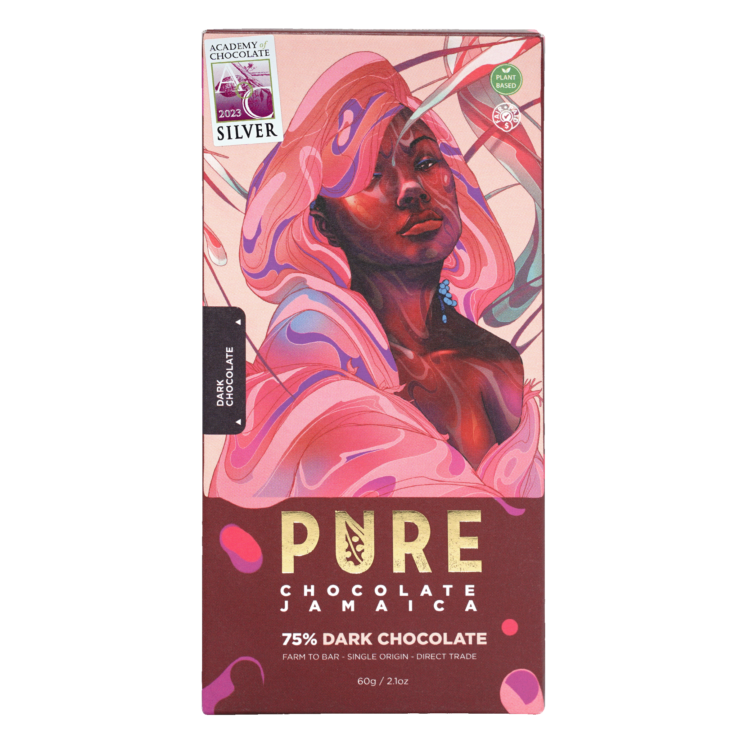 Pure Chocolate Jamaica Dark 75% cocoa bar, vibrant illustration