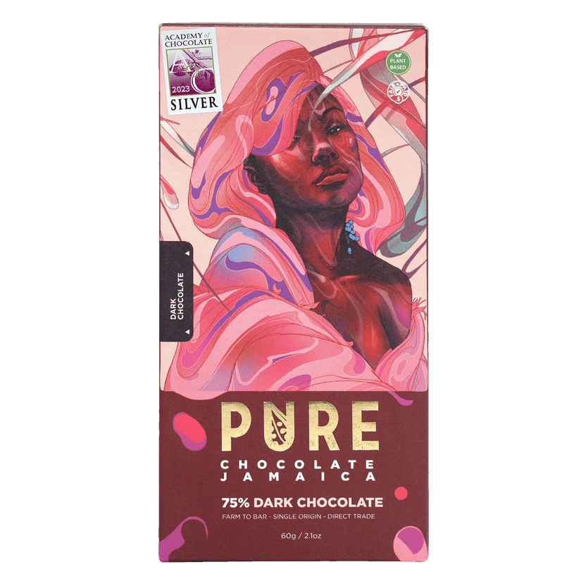 Pure Chocolate Jamaica Dark 75% cocoa bar, vibrant illustration