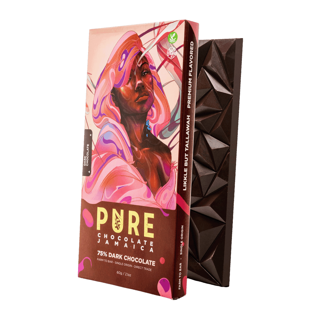 Pure Chocolate Dark 75% Jamaica bar with portrait packaging