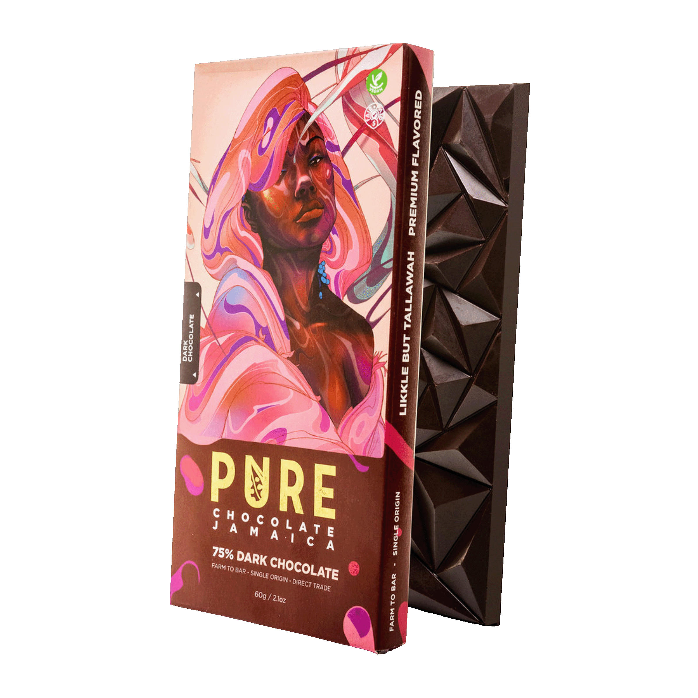 Pure Chocolate Dark 75% Jamaica bar with portrait packaging