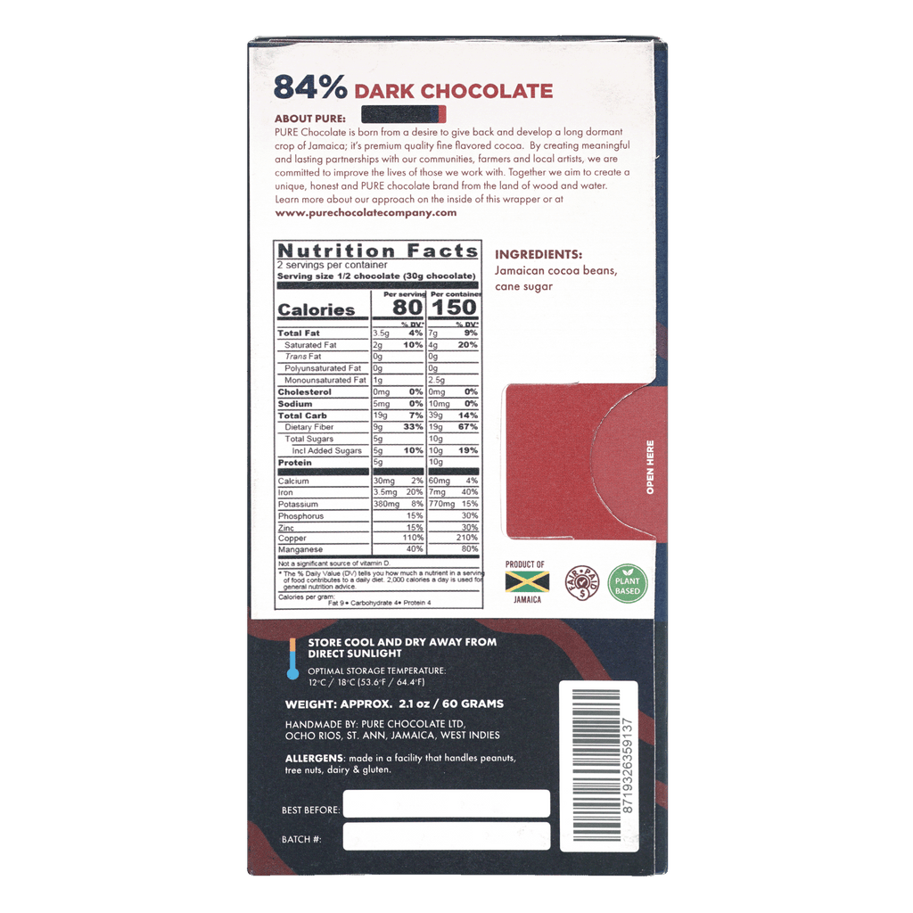 Pure Chocolate Dark 84% bar back: Jamaican 84% dark chocolate wrapper with nutrition facts