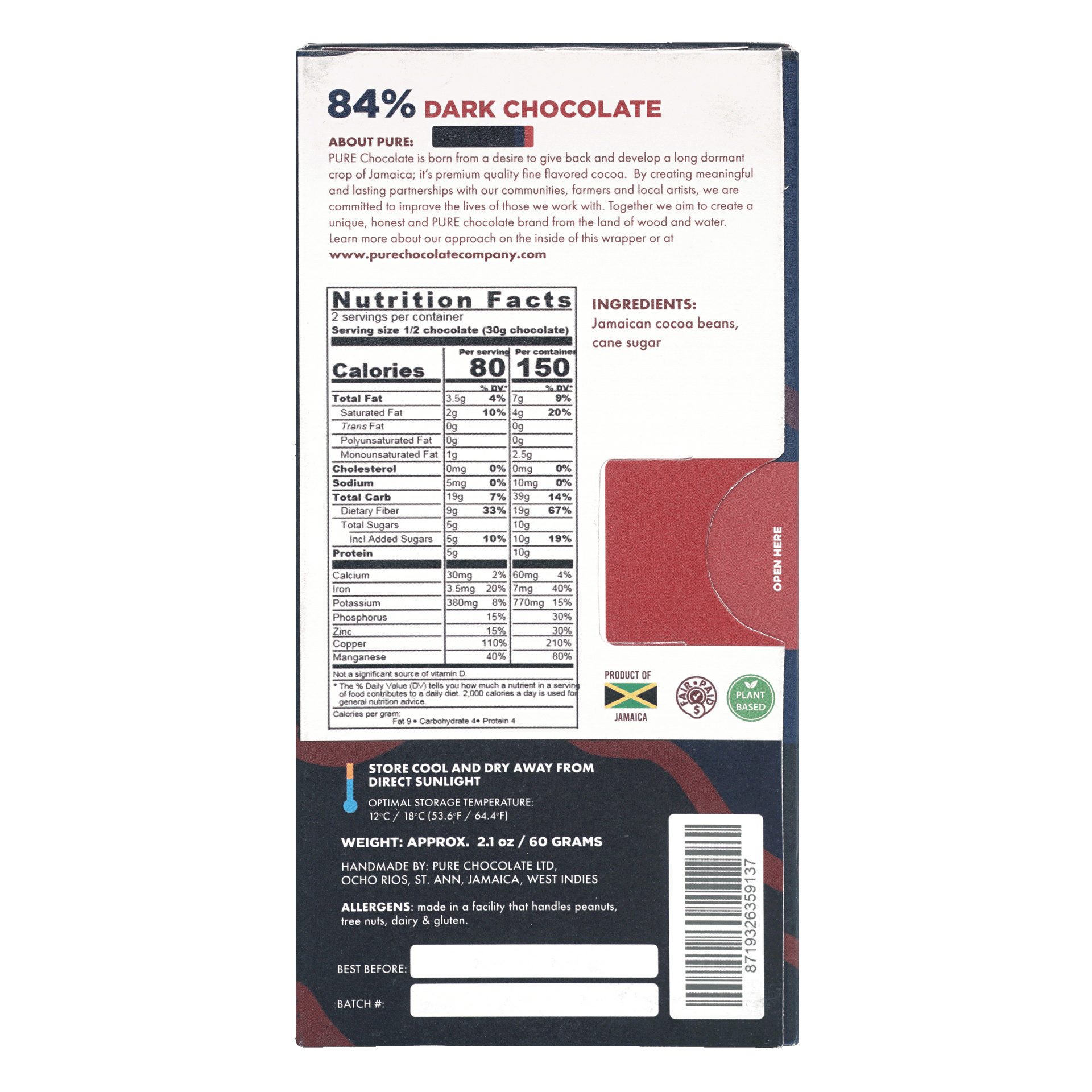 Pure Chocolate Dark 84% bar back: Jamaican 84% dark chocolate wrapper with nutrition facts
