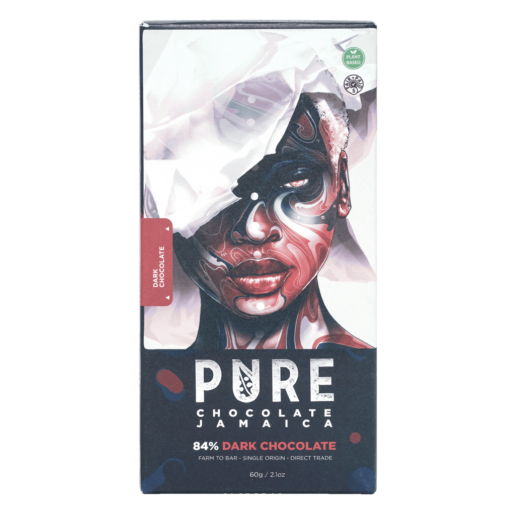 Pure Chocolate Dark 84% black and red wrapper with artistic portrait