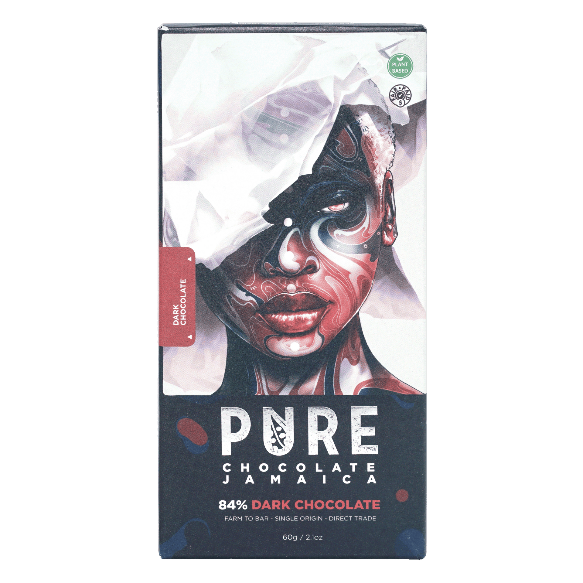 Pure Chocolate Dark 84% black and red wrapper with artistic portrait