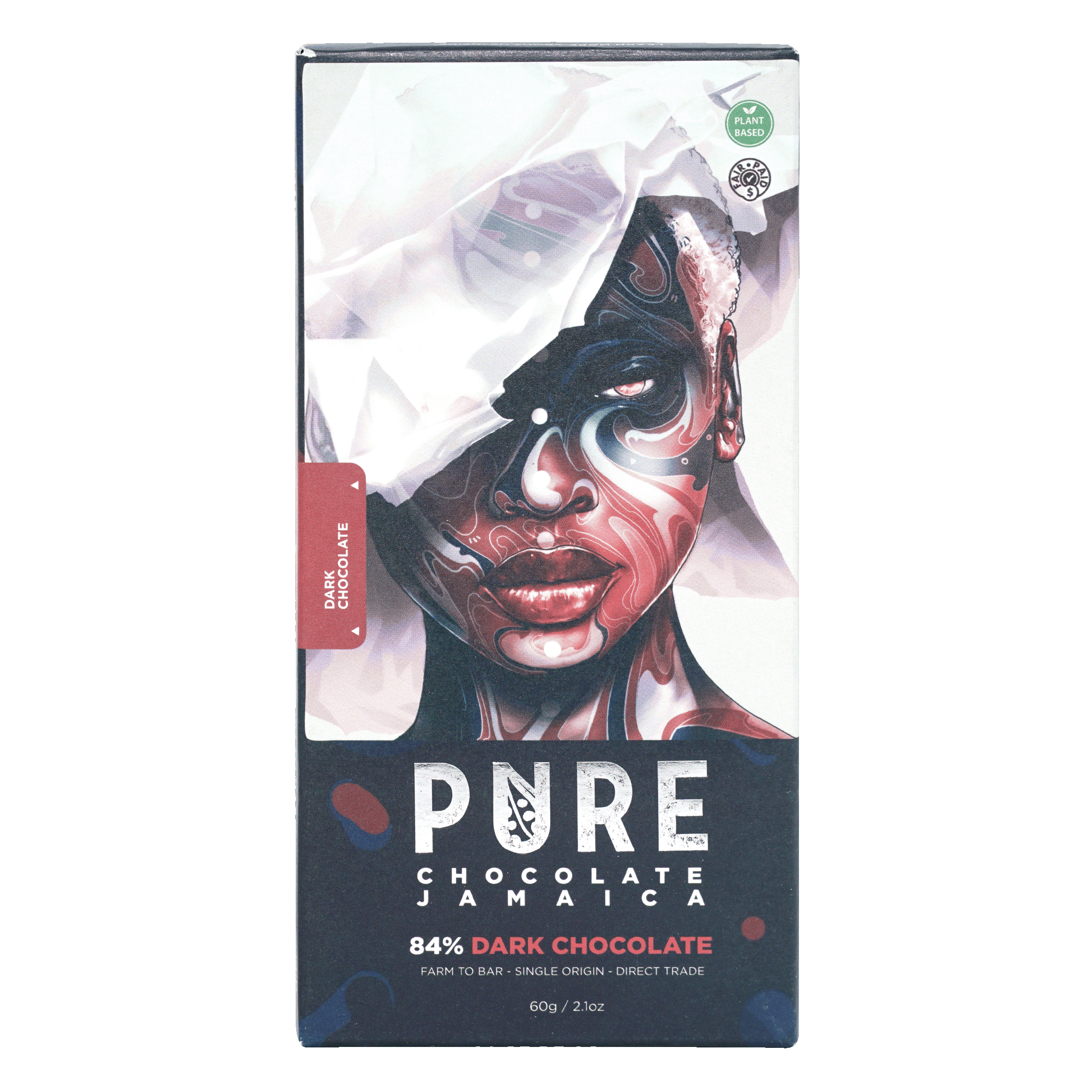 Pure Chocolate Dark 84% black and red wrapper with artistic portrait