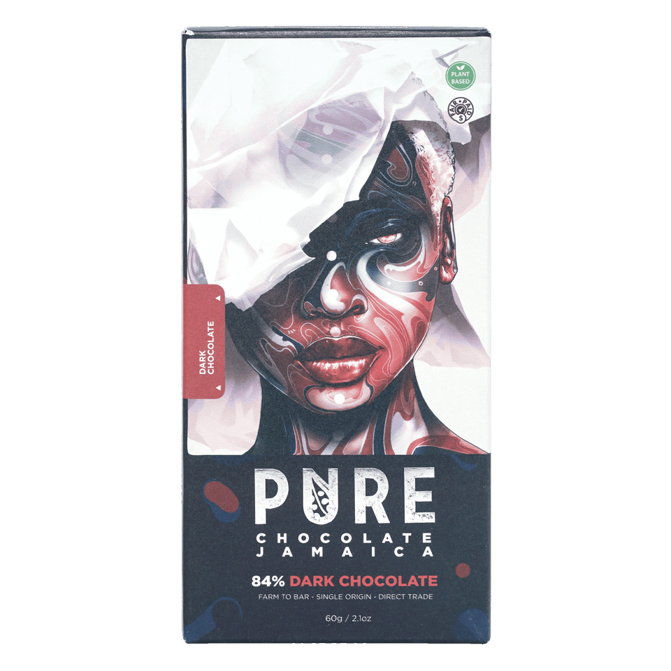 Pure Chocolate Dark 84% black and red wrapper with artistic portrait