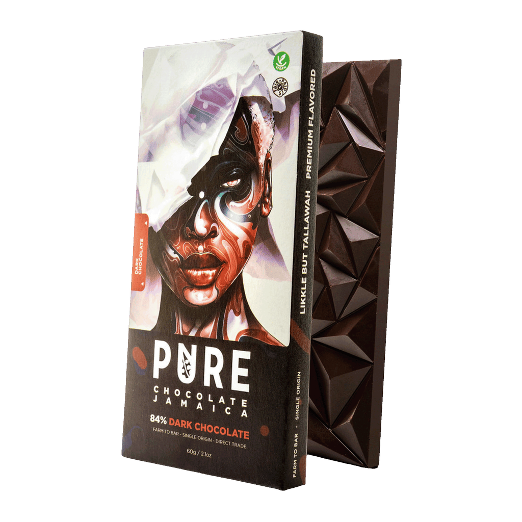 Pure Chocolate Dark 84% Jamaica 60g bar with portrait packaging
