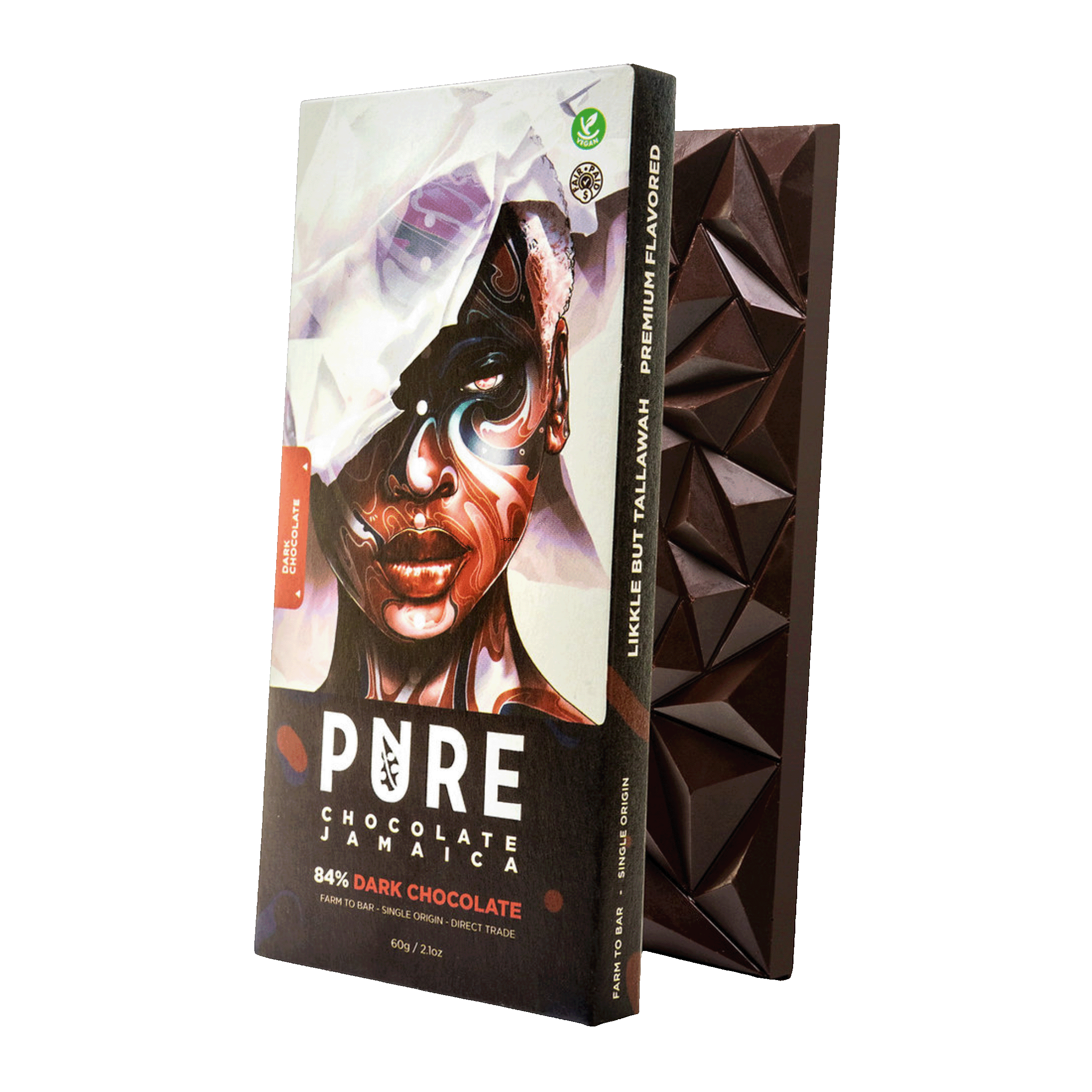 Pure Chocolate Dark 84% Jamaica 60g bar with portrait packaging