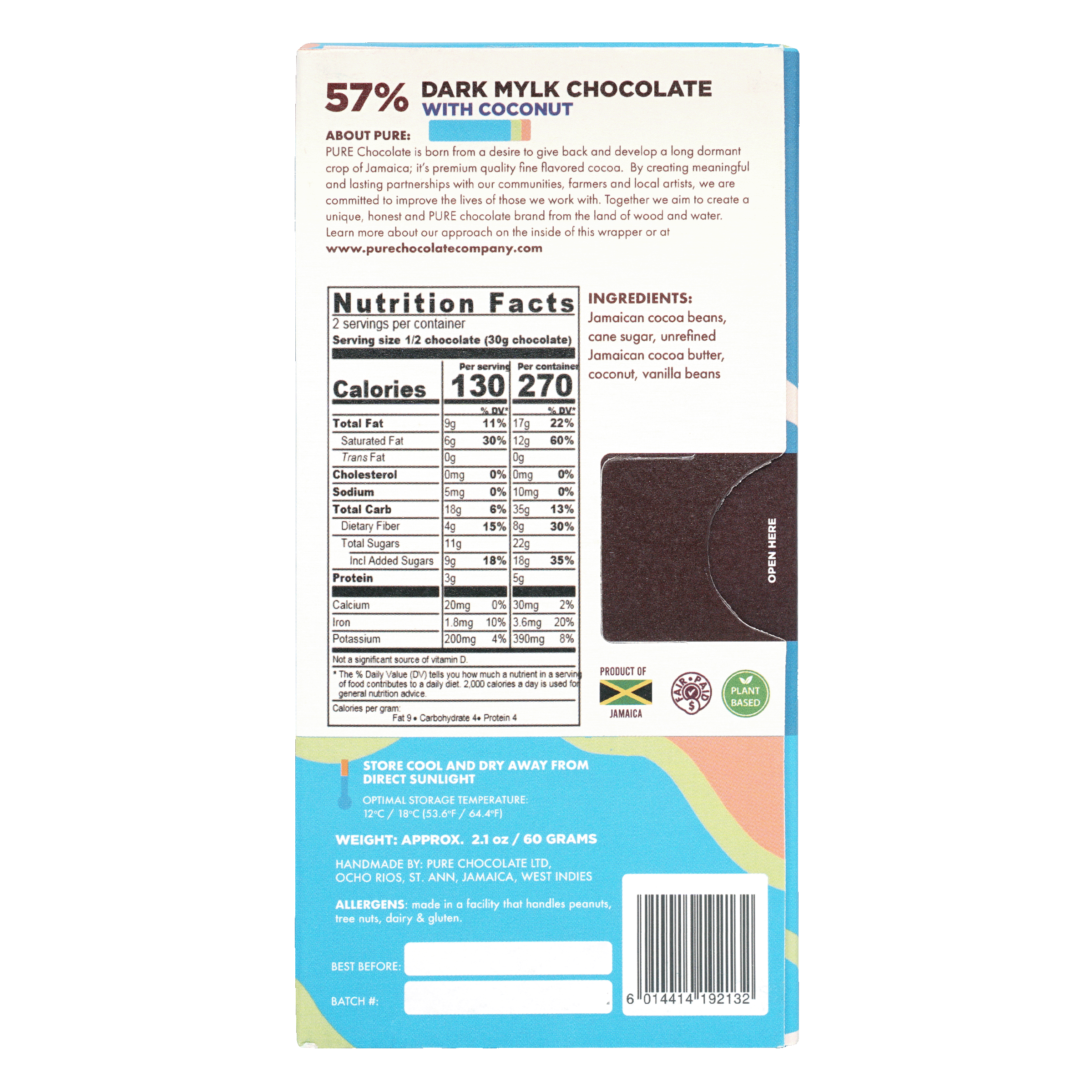 Pure Chocolate Dark Milk w/ Coconut 57% bar in colorful wrapper