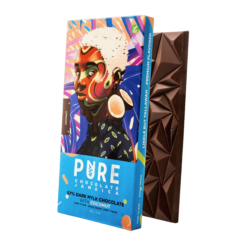 Pure Chocolate Dark Milk w/ Coconut 57% bar in vibrant blue wrapper