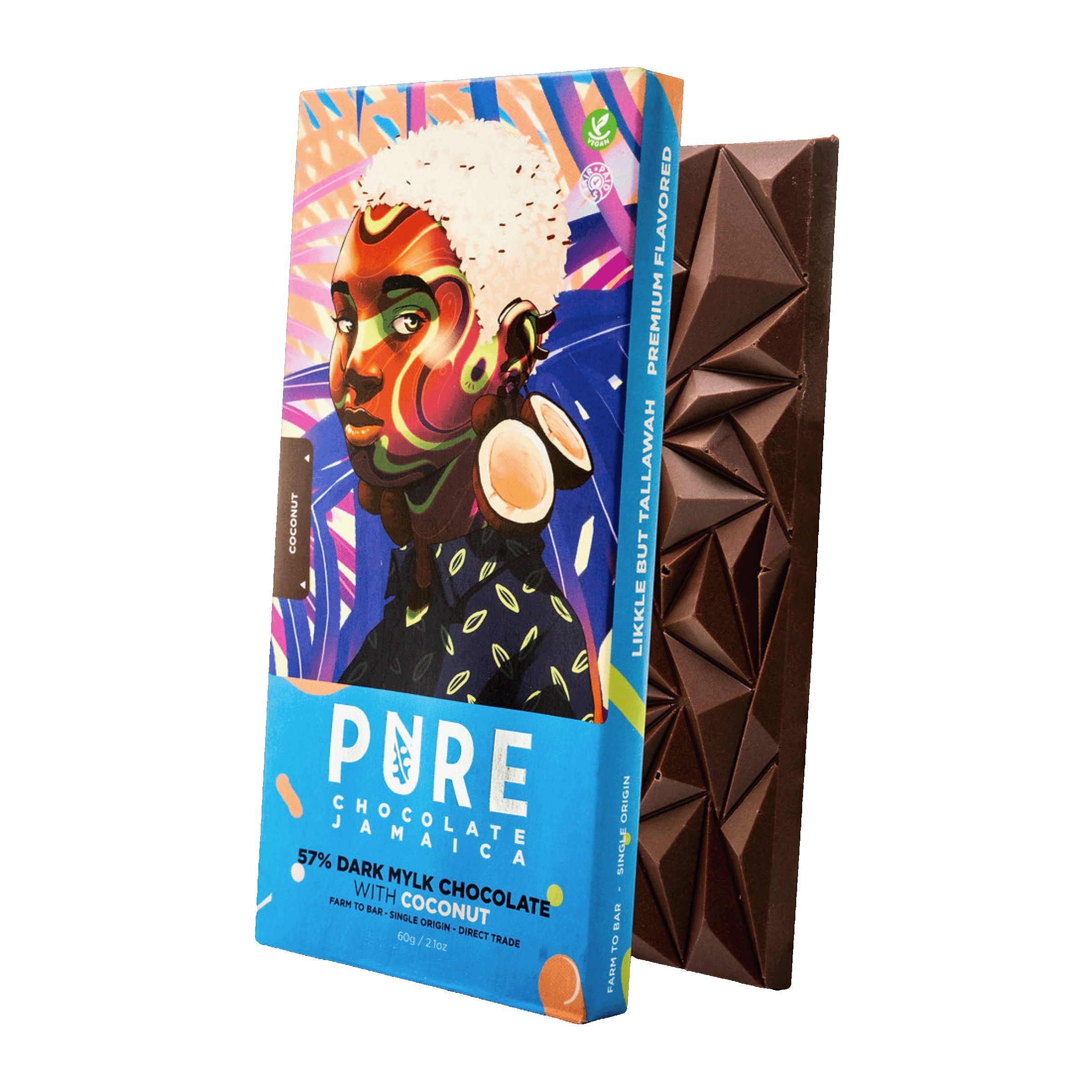 Pure Chocolate Dark Milk w/ Coconut 57% bar in vibrant blue wrapper
