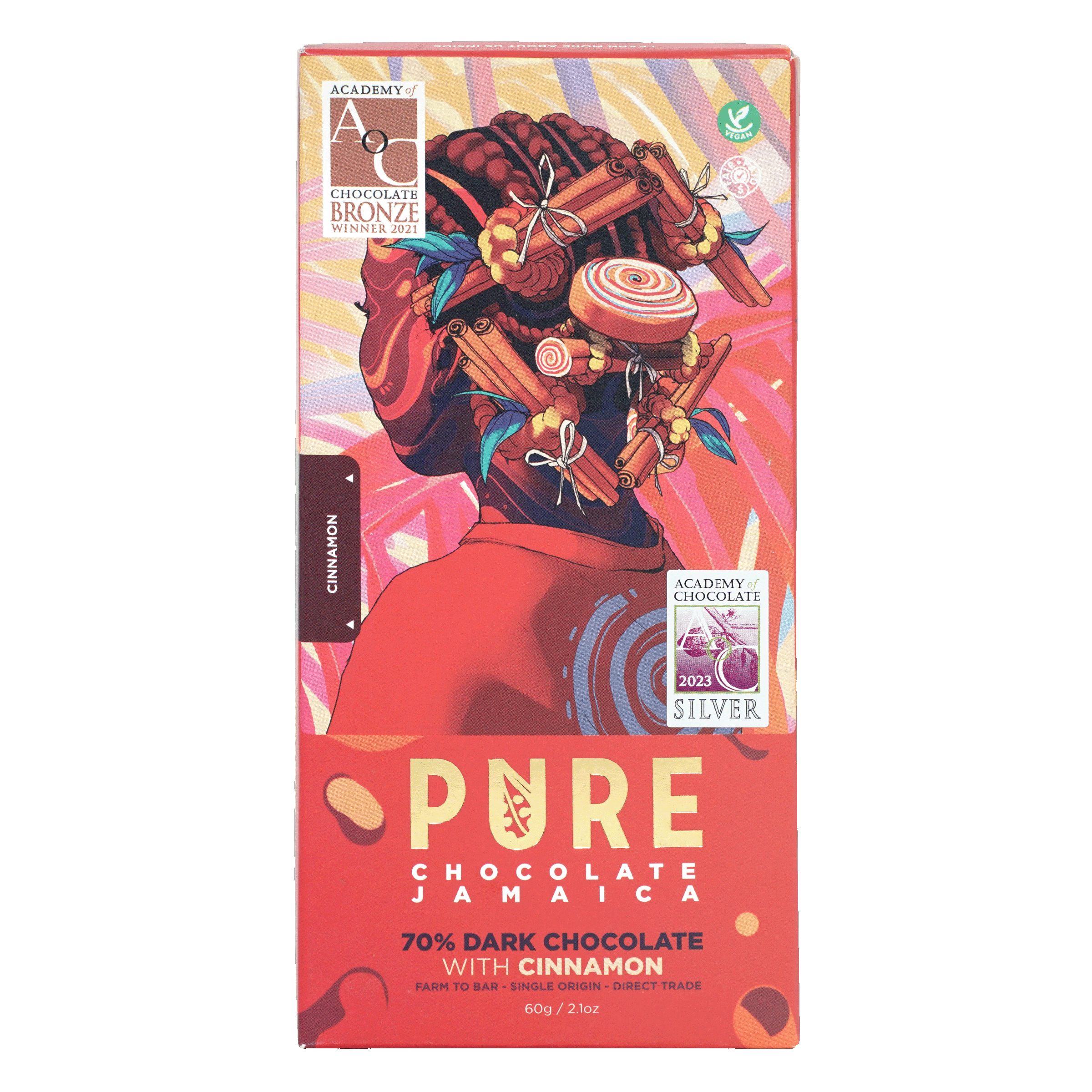 Pure Chocolate Jamaica 70% dark chocolate bar with cinnamon wrapper