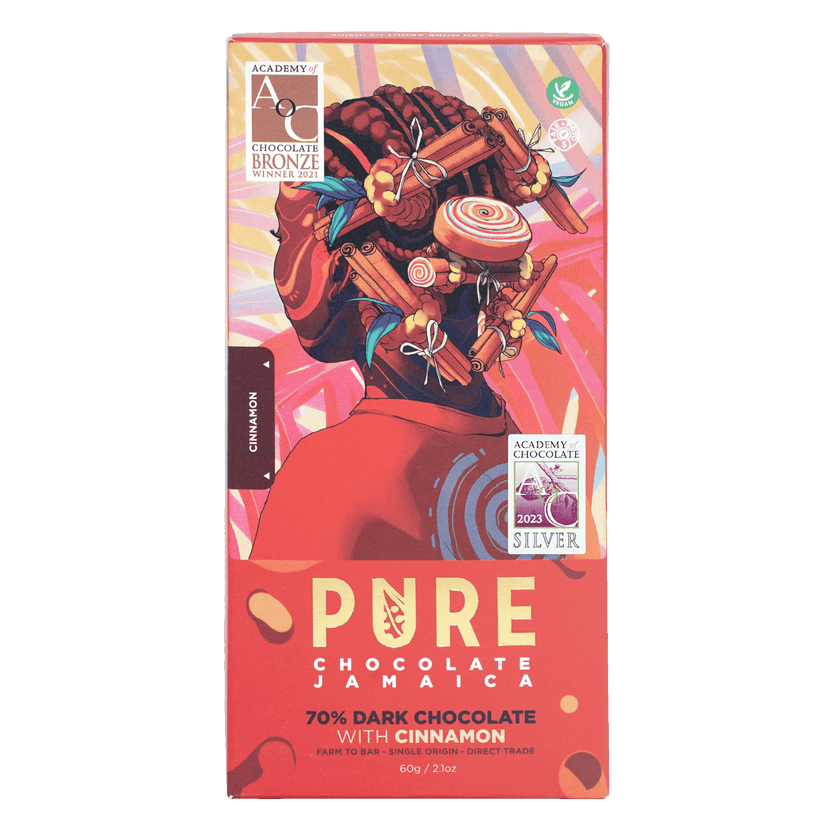 Pure Chocolate Jamaica 70% dark chocolate bar with cinnamon wrapper