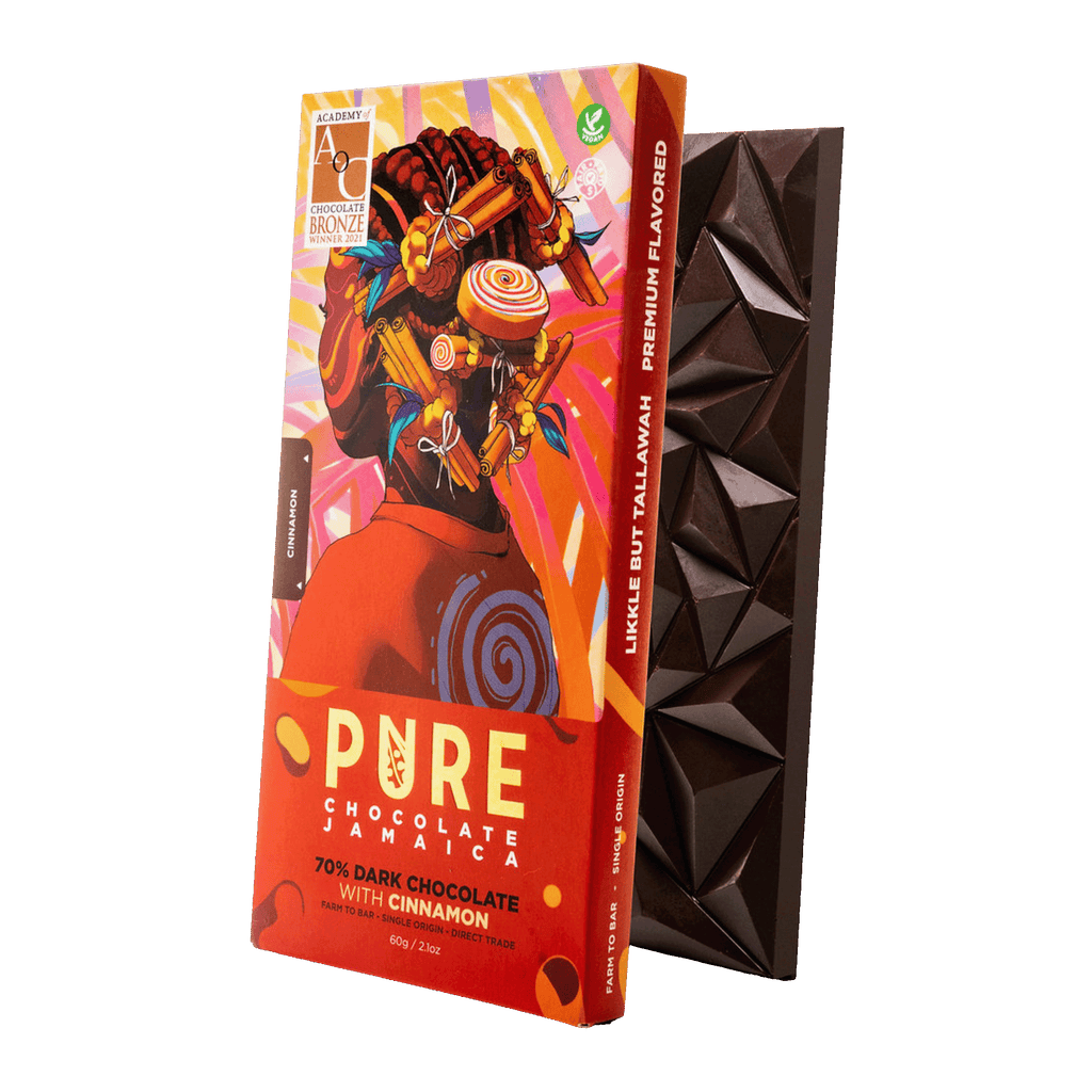 Pure Chocolate Dark w/ Cinnamon 70% bar in vibrant orange wrapper