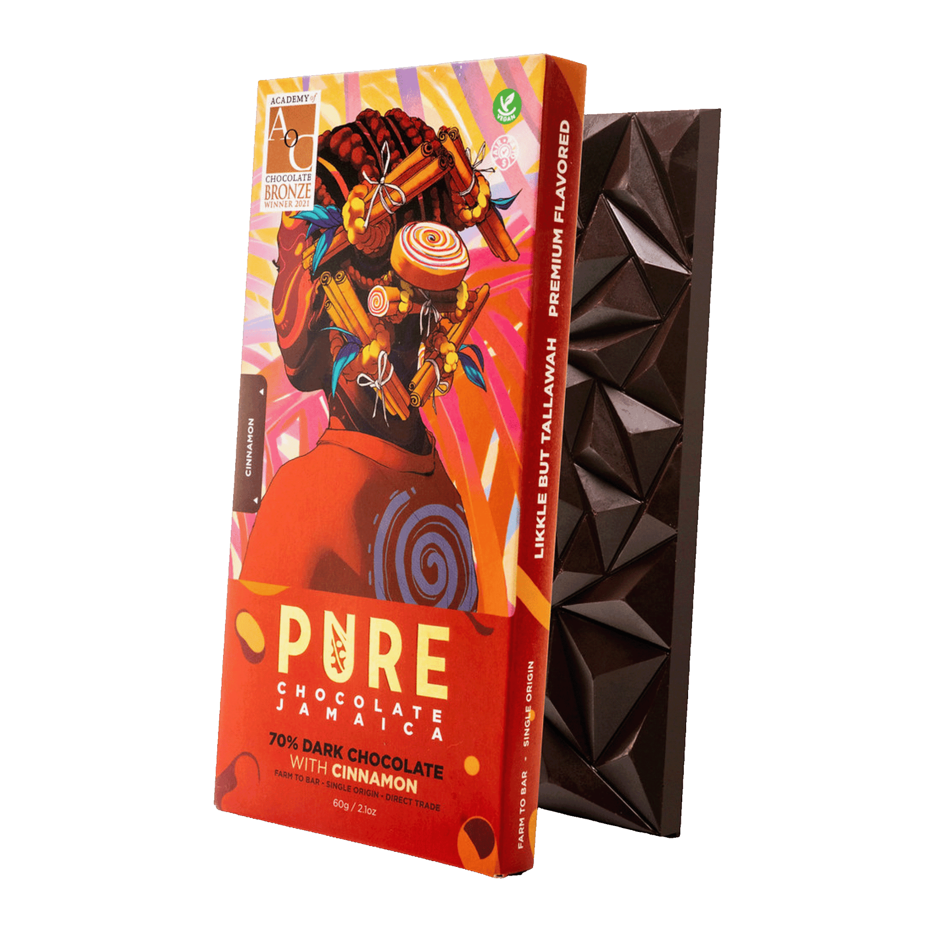 Pure Chocolate Dark w/ Cinnamon 70% bar in vibrant orange wrapper