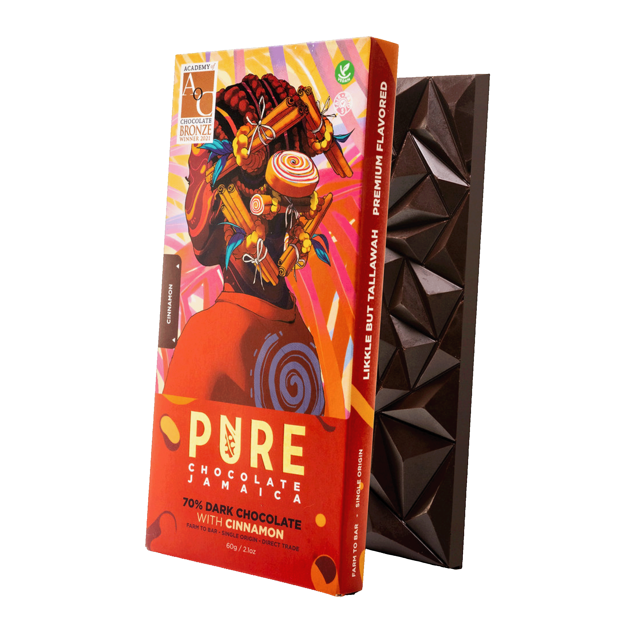 Pure Chocolate Dark w/ Cinnamon 70% bar in vibrant orange wrapper