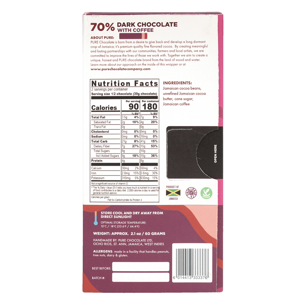 Pure Chocolate Dark w/ Coffee 70% bar in pink white packaging with nutrition facts