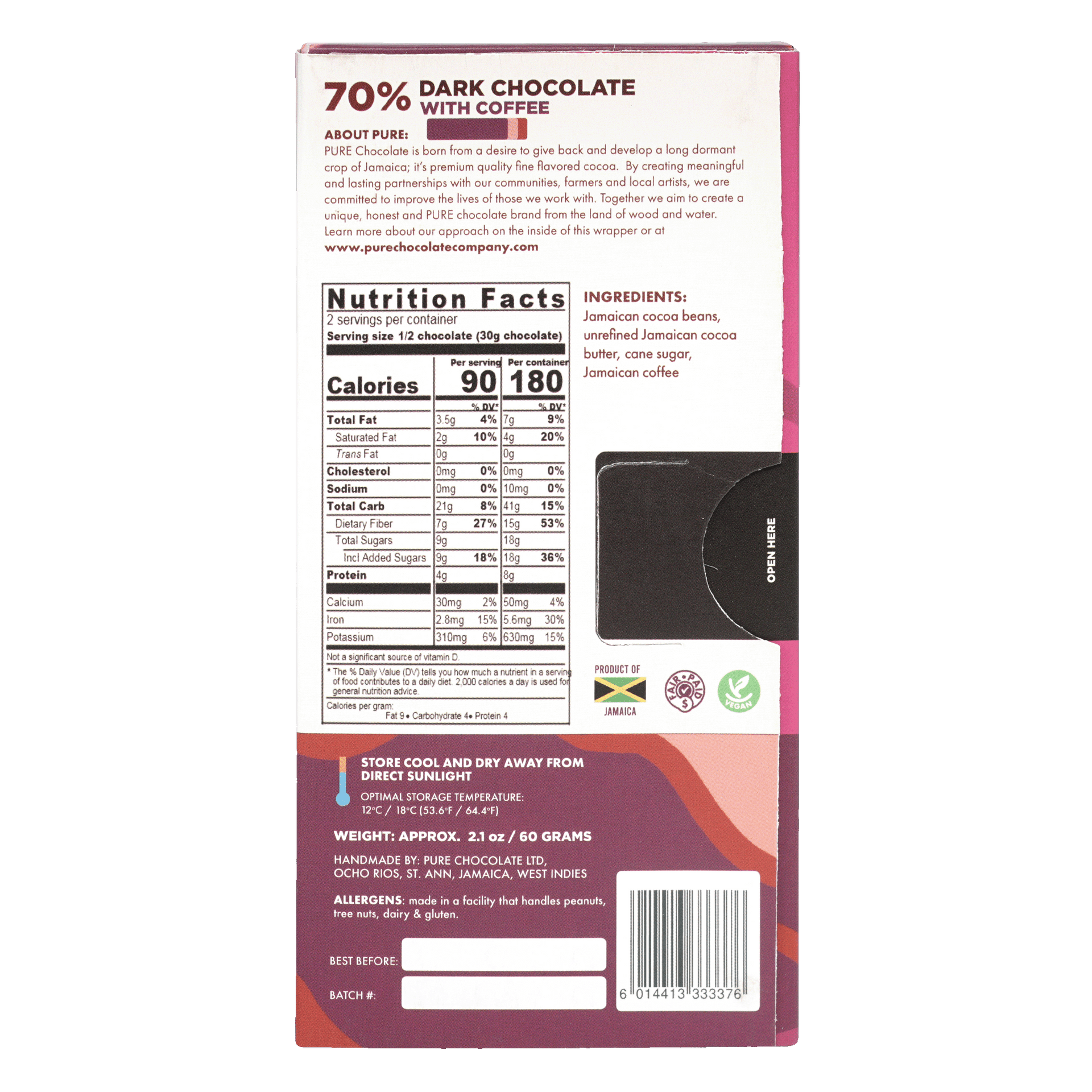 Pure Chocolate Dark w/ Coffee 70% bar in pink white packaging with nutrition facts