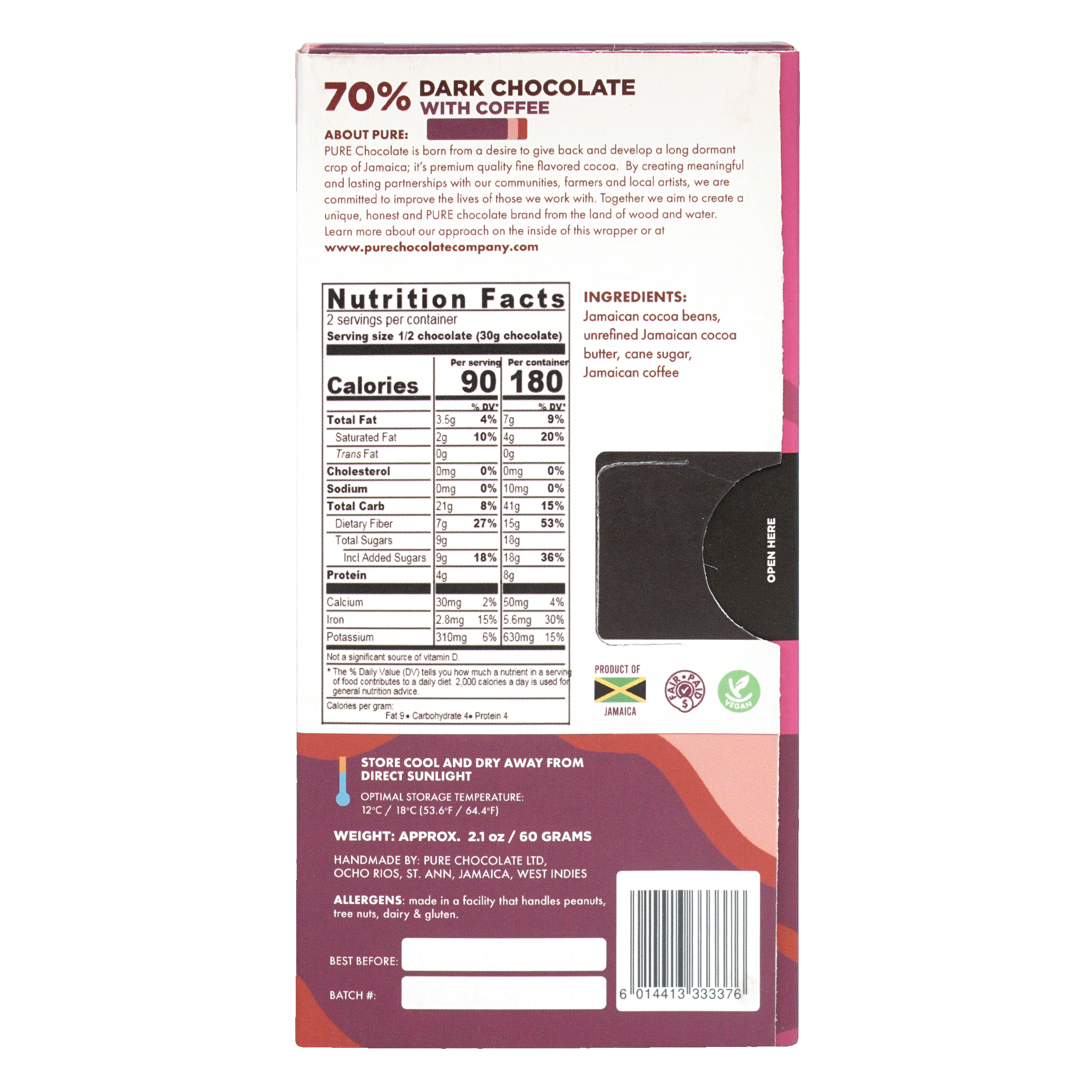 Pure Chocolate Dark w/ Coffee 70% bar in pink white packaging with nutrition facts