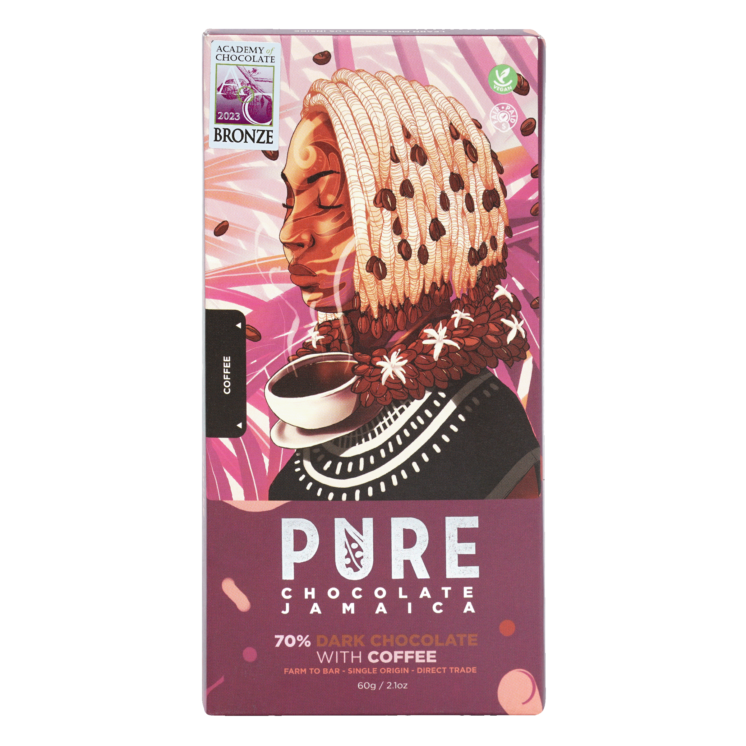 Pure Chocolate Jamaica 70% dark chocolate bar with coffee, pink purple wrap