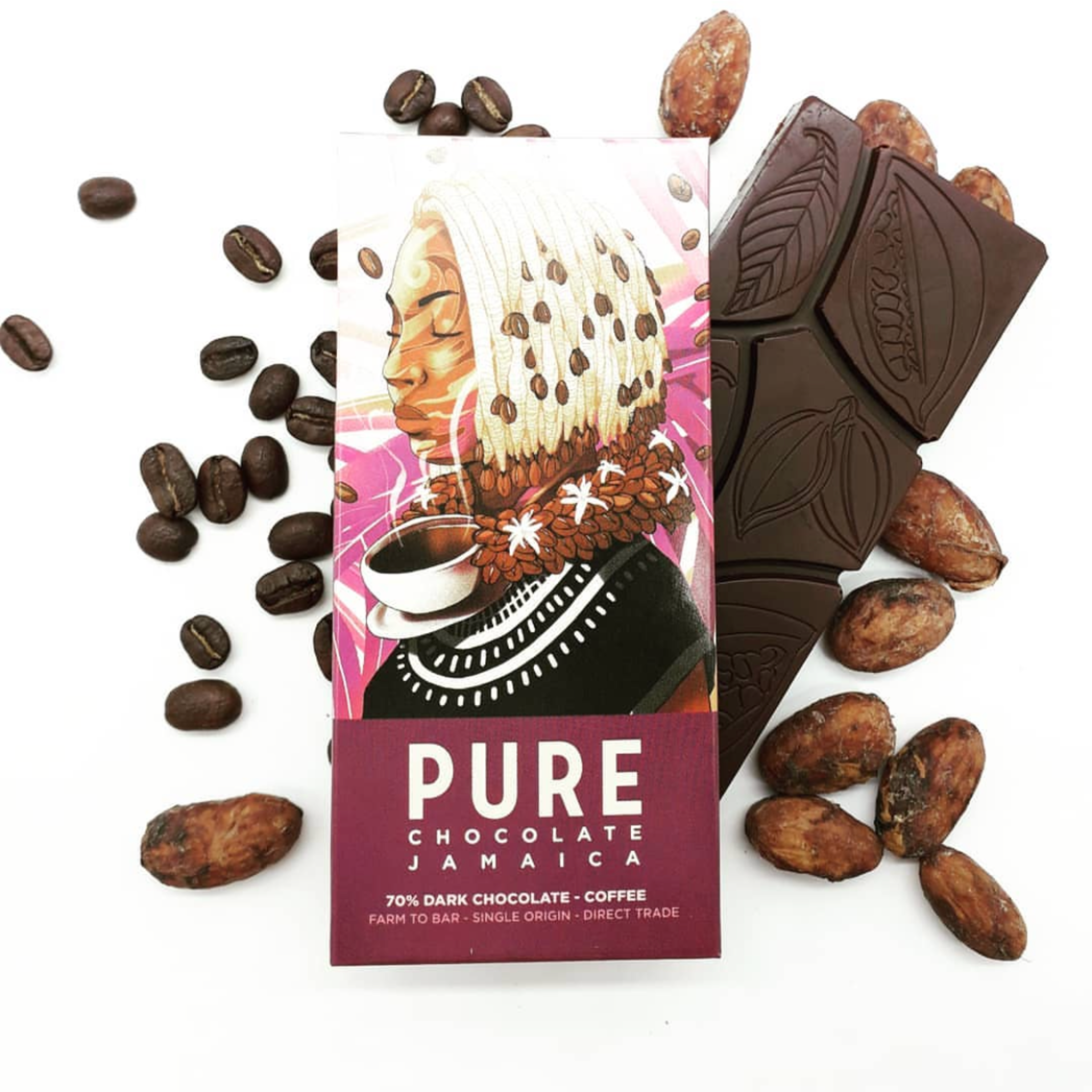 Pure Chocolate Dark w/ Coffee 70% bar wrapper with illustrated woman holding coffee beans