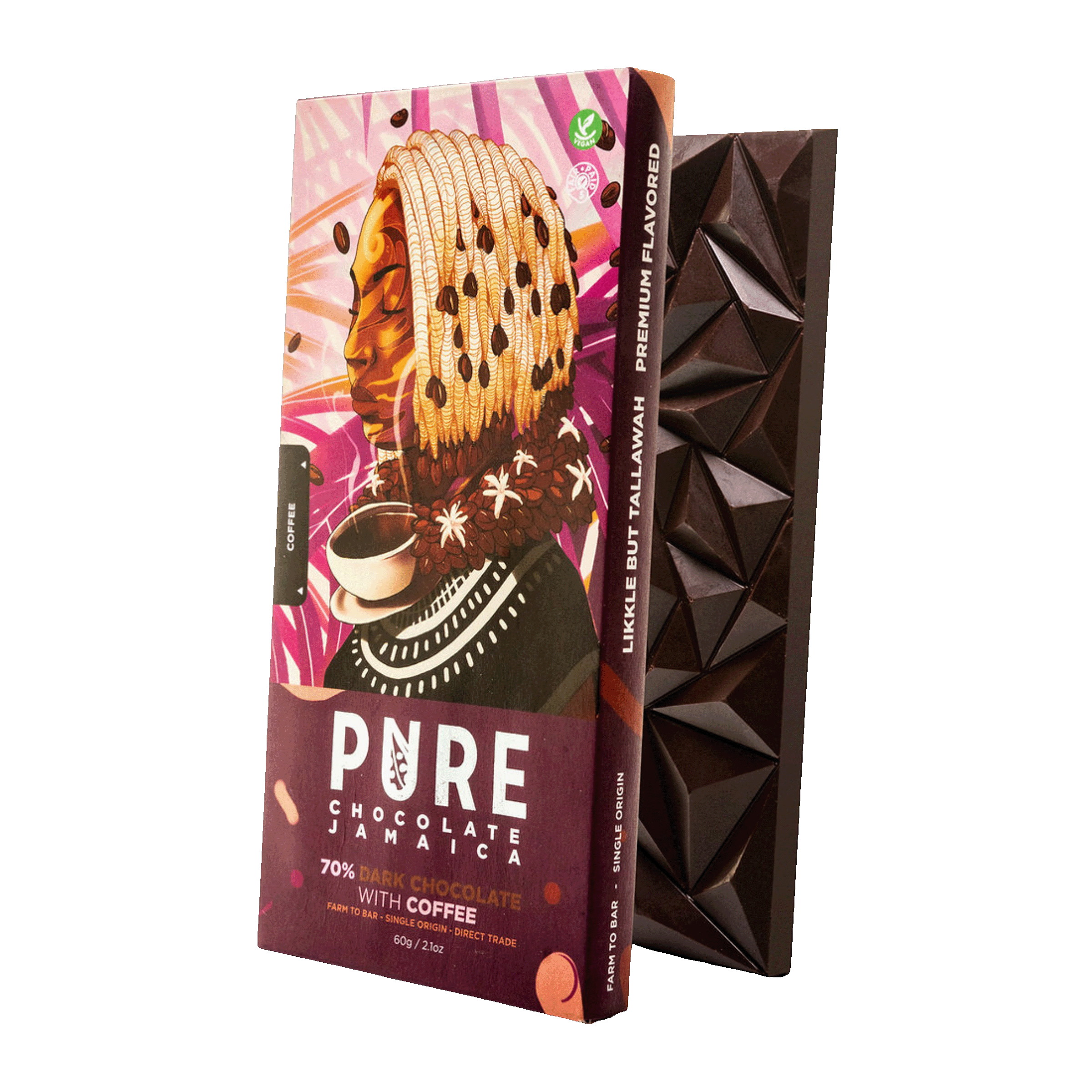 Pure Chocolate Dark w/ Coffee 70% bar in vibrant purple pink faceted wrapper