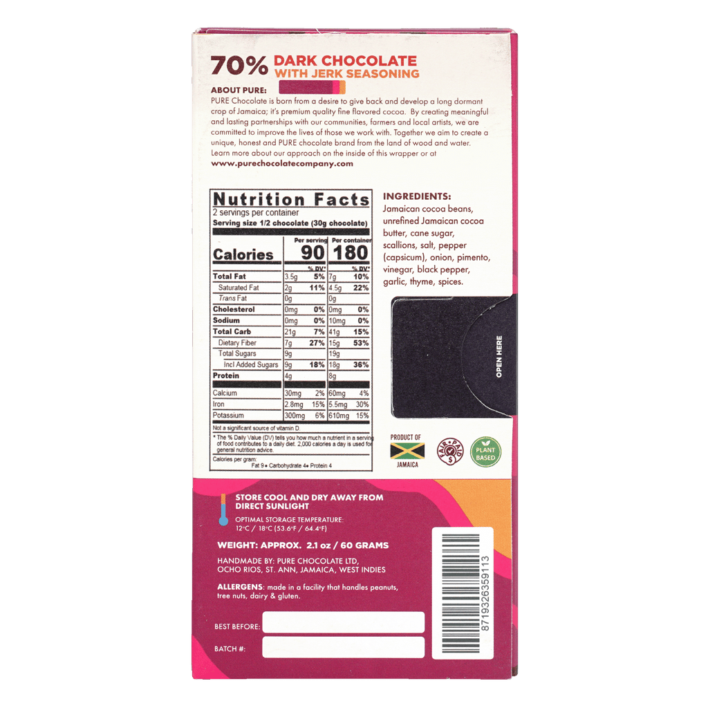 Pure Chocolate 70% dark chocolate bar with jerk seasoning wrapper back