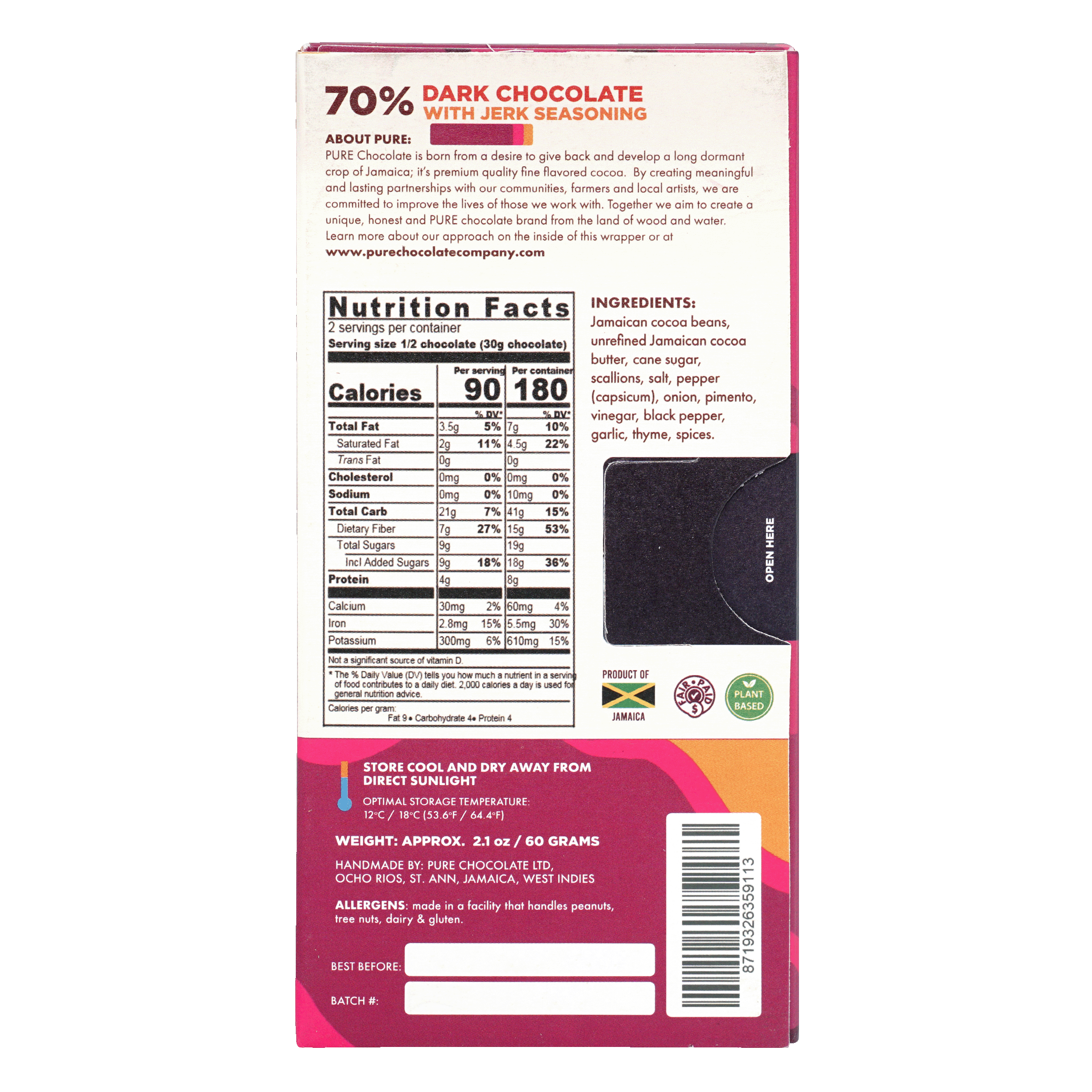 Pure Chocolate 70% dark chocolate bar with jerk seasoning wrapper back
